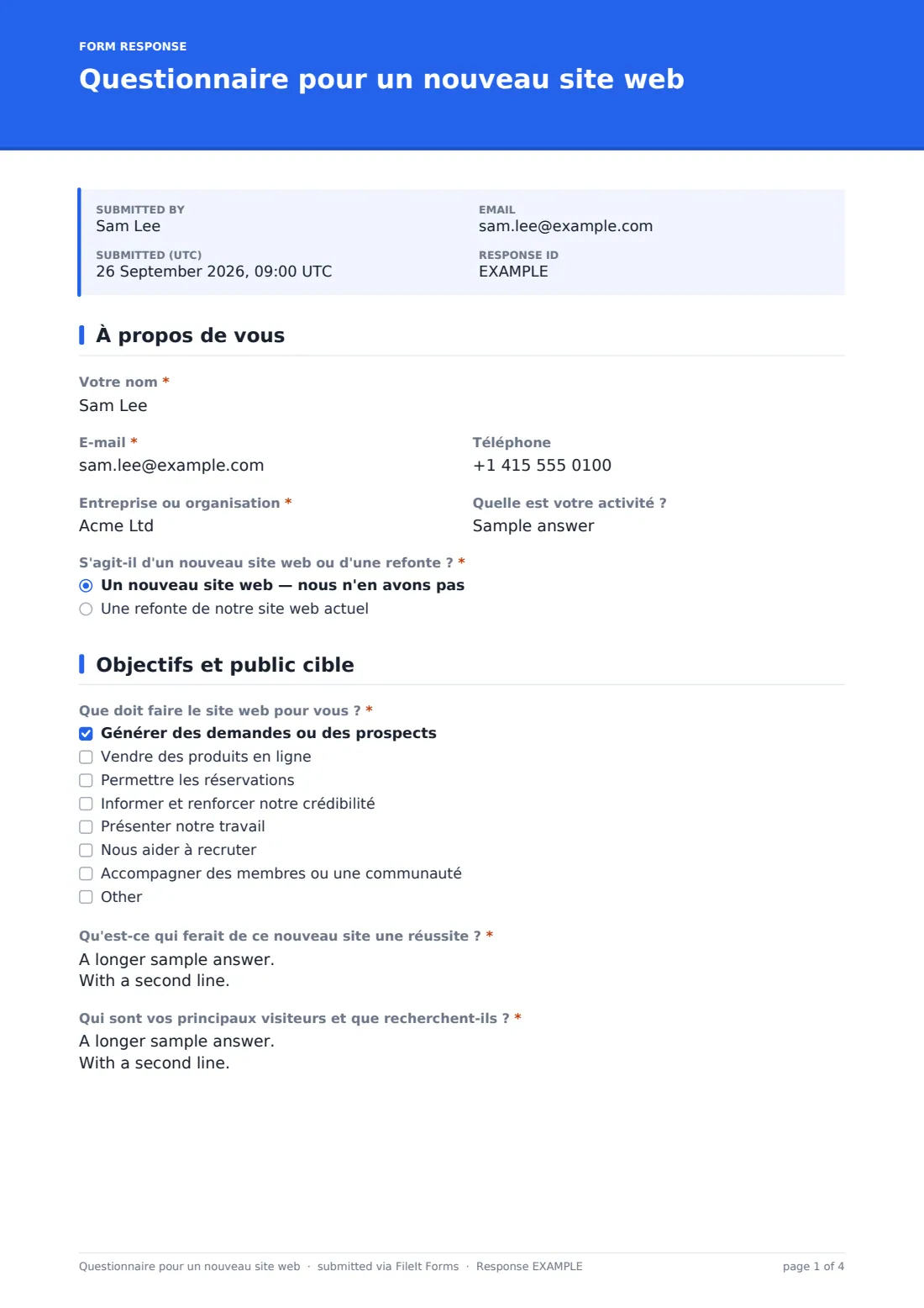 Questionnaire pour un nouveau site web — exemple de réponse au format PDF, page 1 sur 4