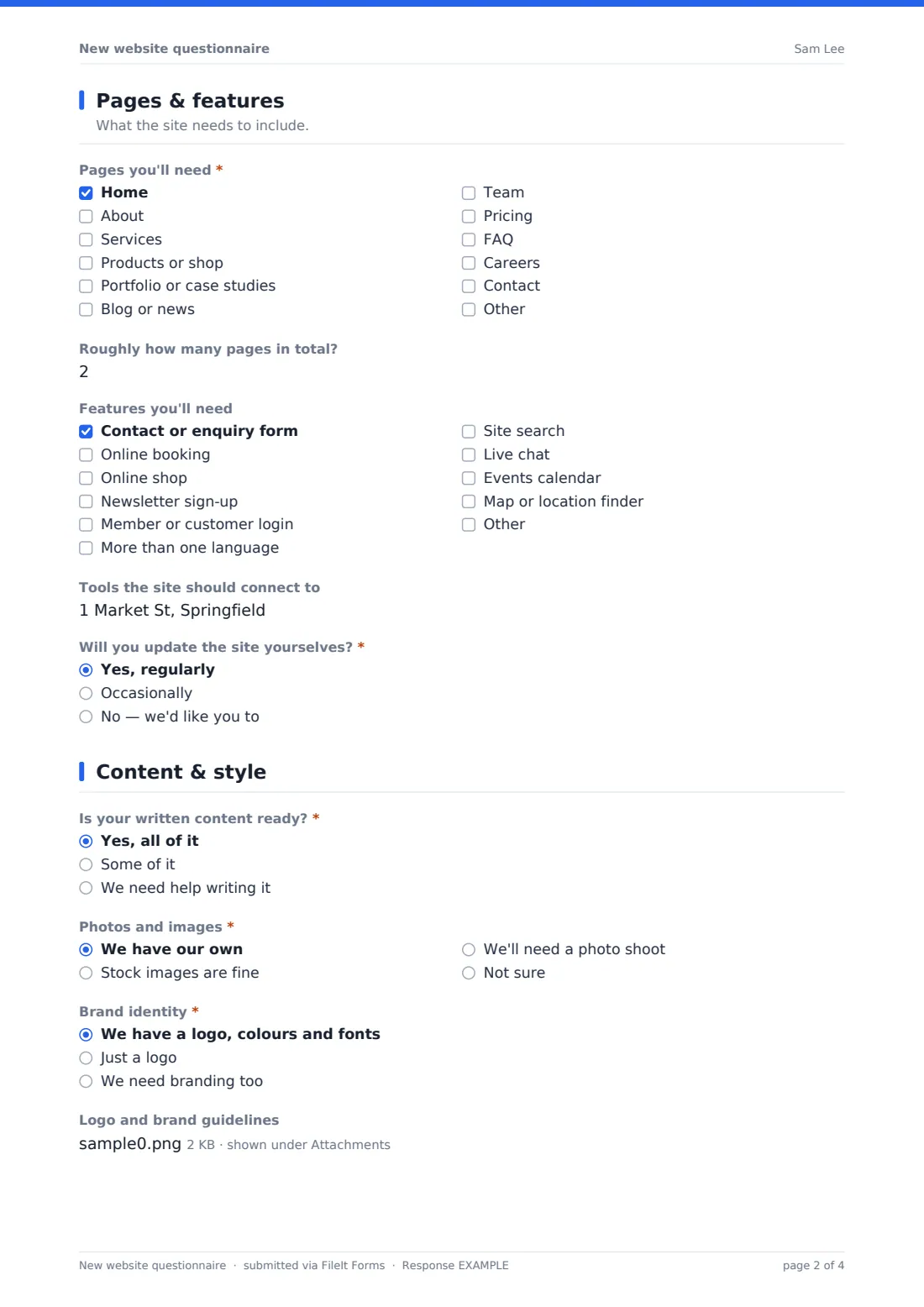 New website questionnaire — example response PDF, page 2 of 4