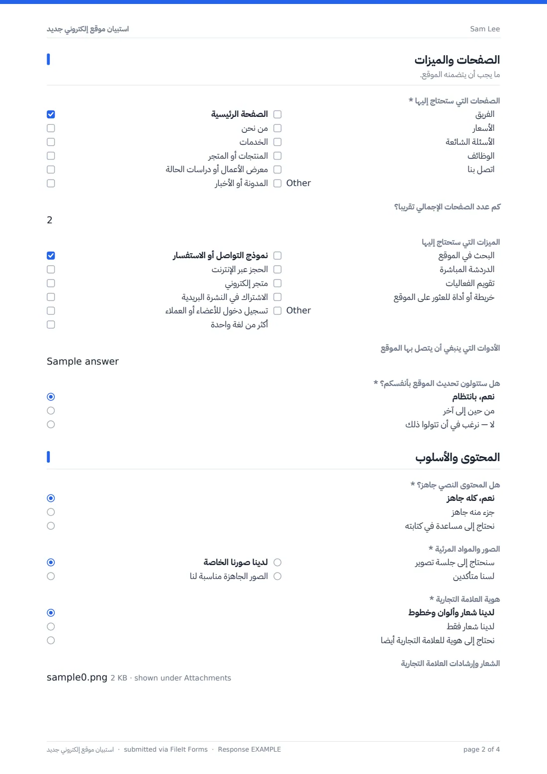 استبيان موقع إلكتروني جديد — ملف PDF لرد نموذجي، الصفحة 2 من 4