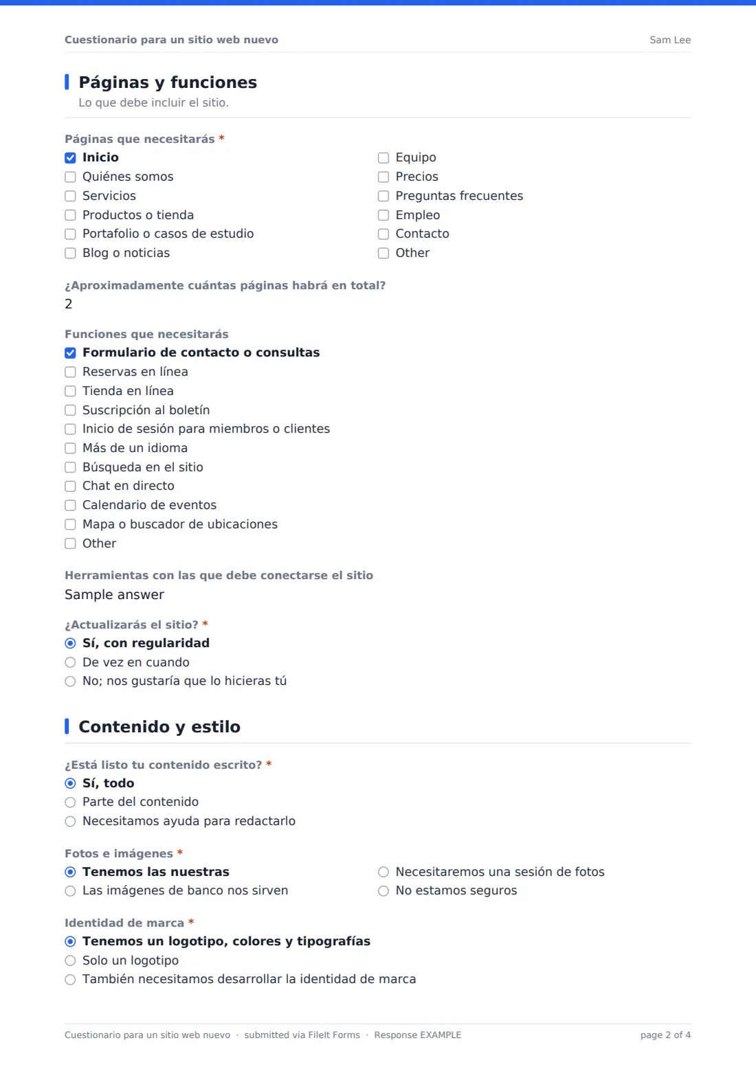Cuestionario para un sitio web nuevo — PDF de respuesta de ejemplo, página 2 de 4