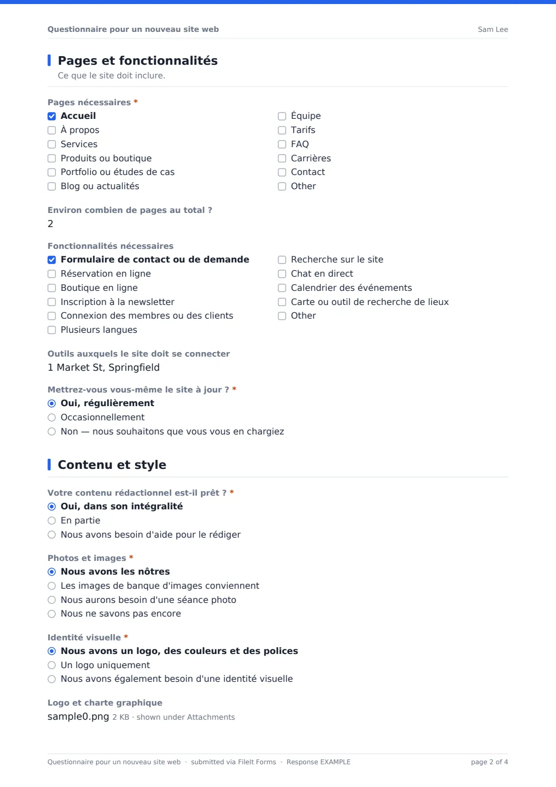 Questionnaire pour un nouveau site web — exemple de réponse au format PDF, page 2 sur 4