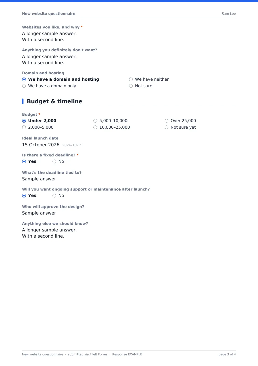 New website questionnaire — example response PDF, page 3 of 4