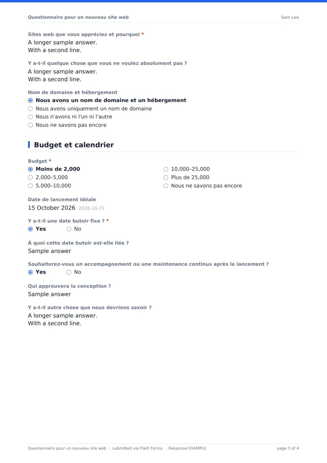 Questionnaire pour un nouveau site web — exemple de réponse au format PDF, page 3 sur 4