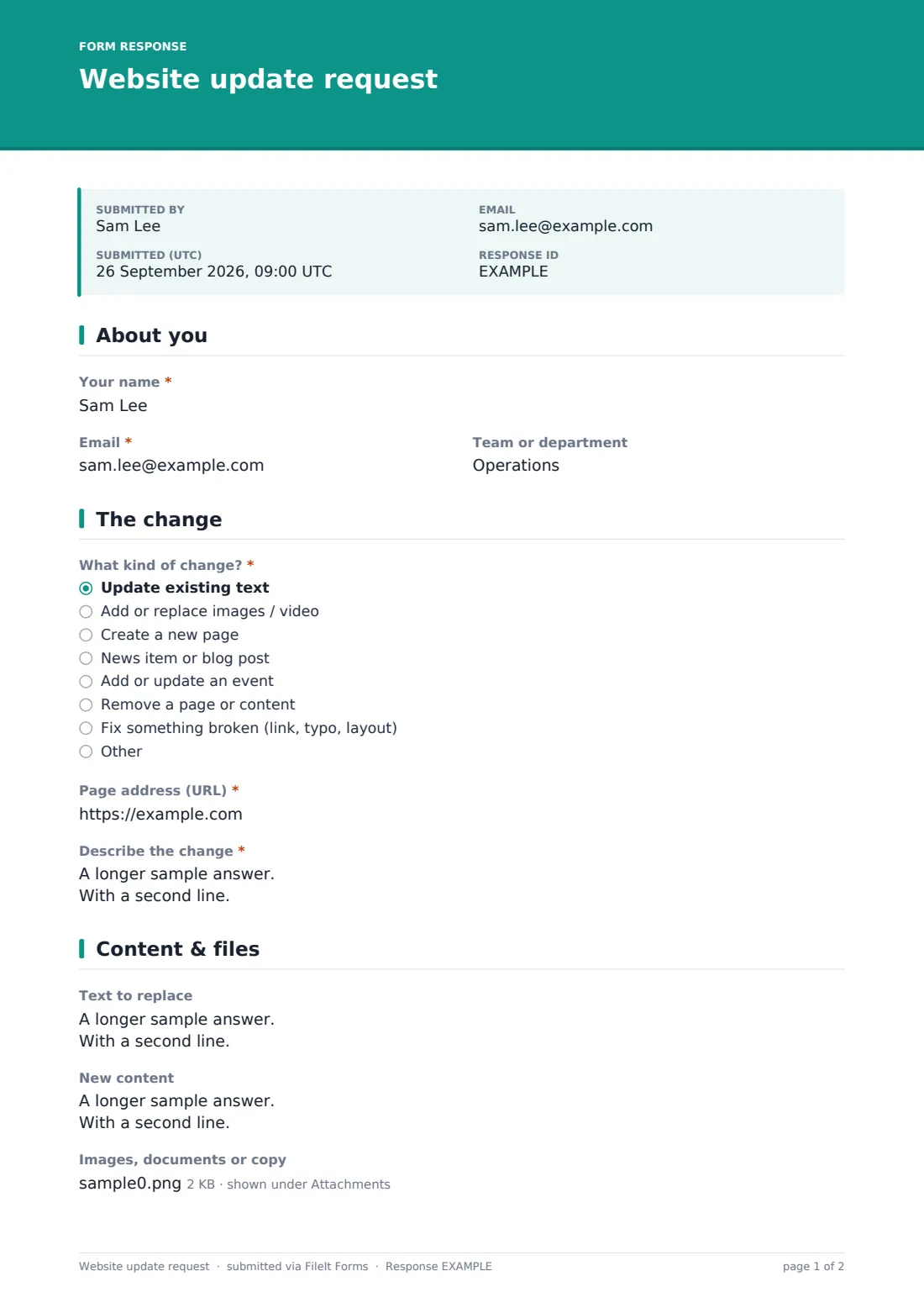 Website update request — example response PDF, page 1 of 2