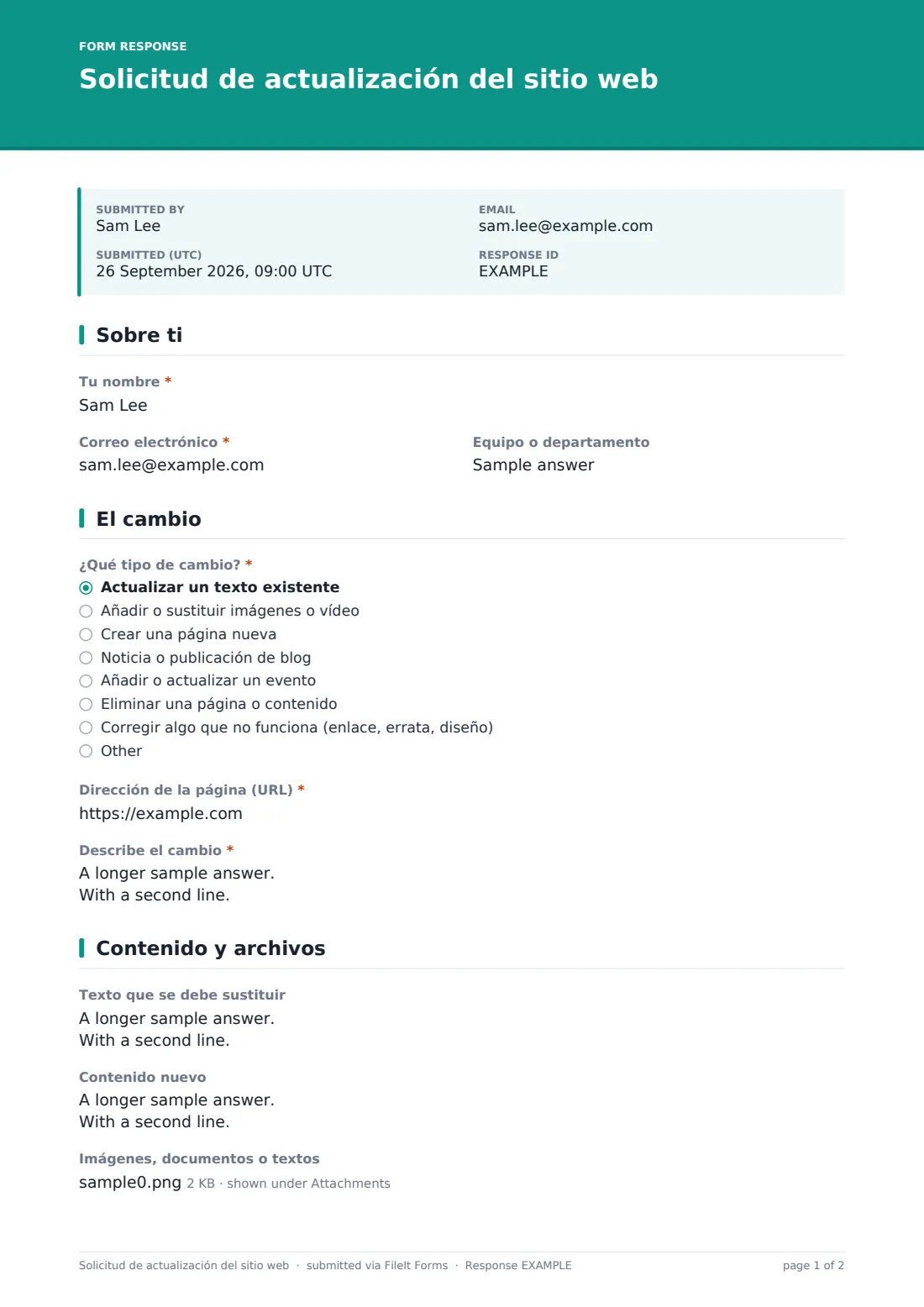 Solicitud de actualización del sitio web — PDF de respuesta de ejemplo, página 1 de 2