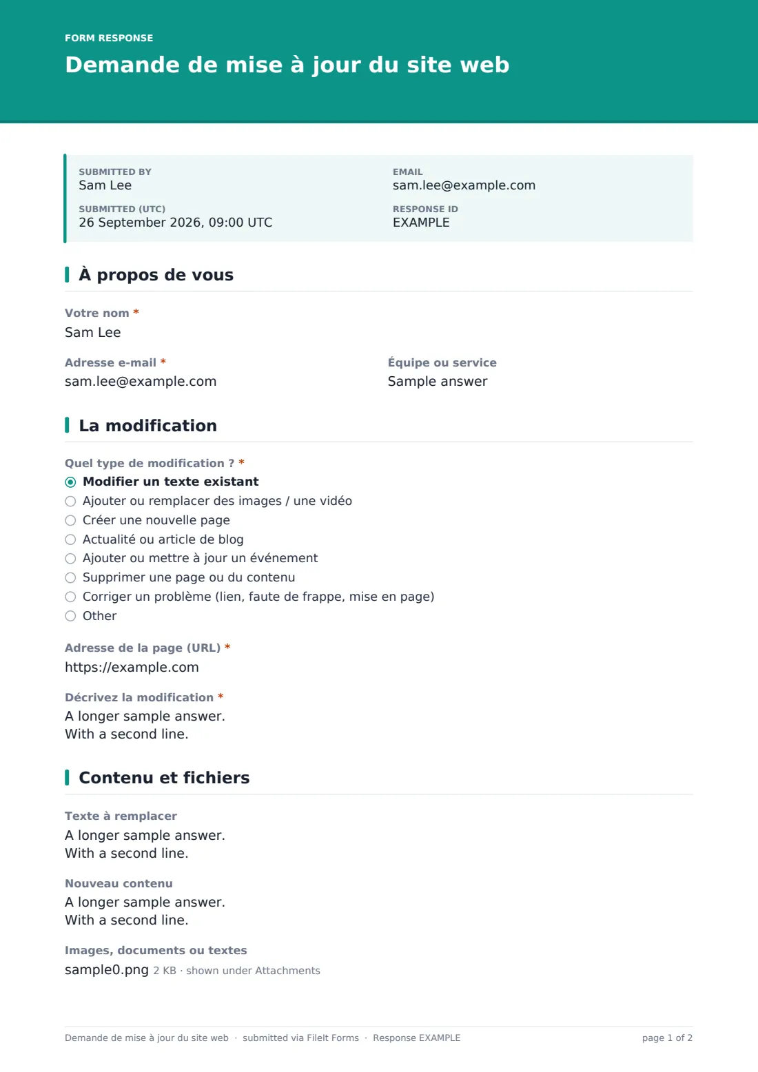Demande de mise à jour du site web — exemple de réponse au format PDF, page 1 sur 2
