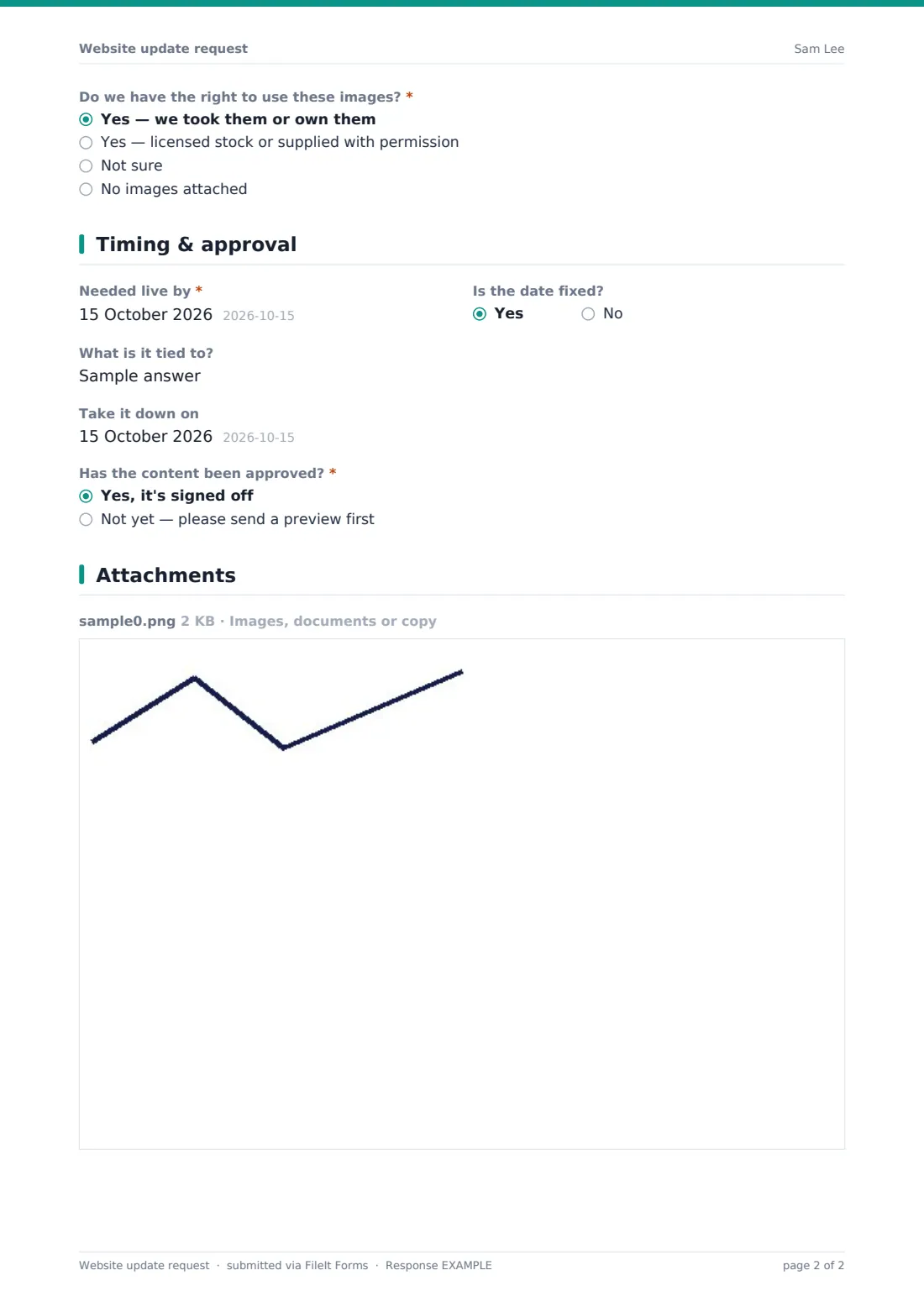 Website update request — example response PDF, page 2 of 2