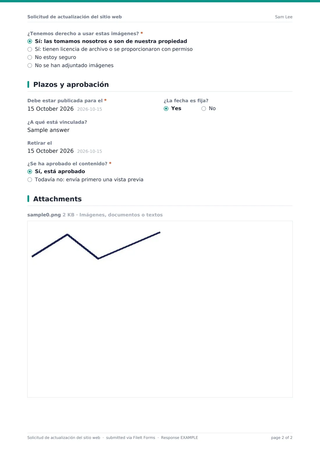 Solicitud de actualización del sitio web — PDF de respuesta de ejemplo, página 2 de 2