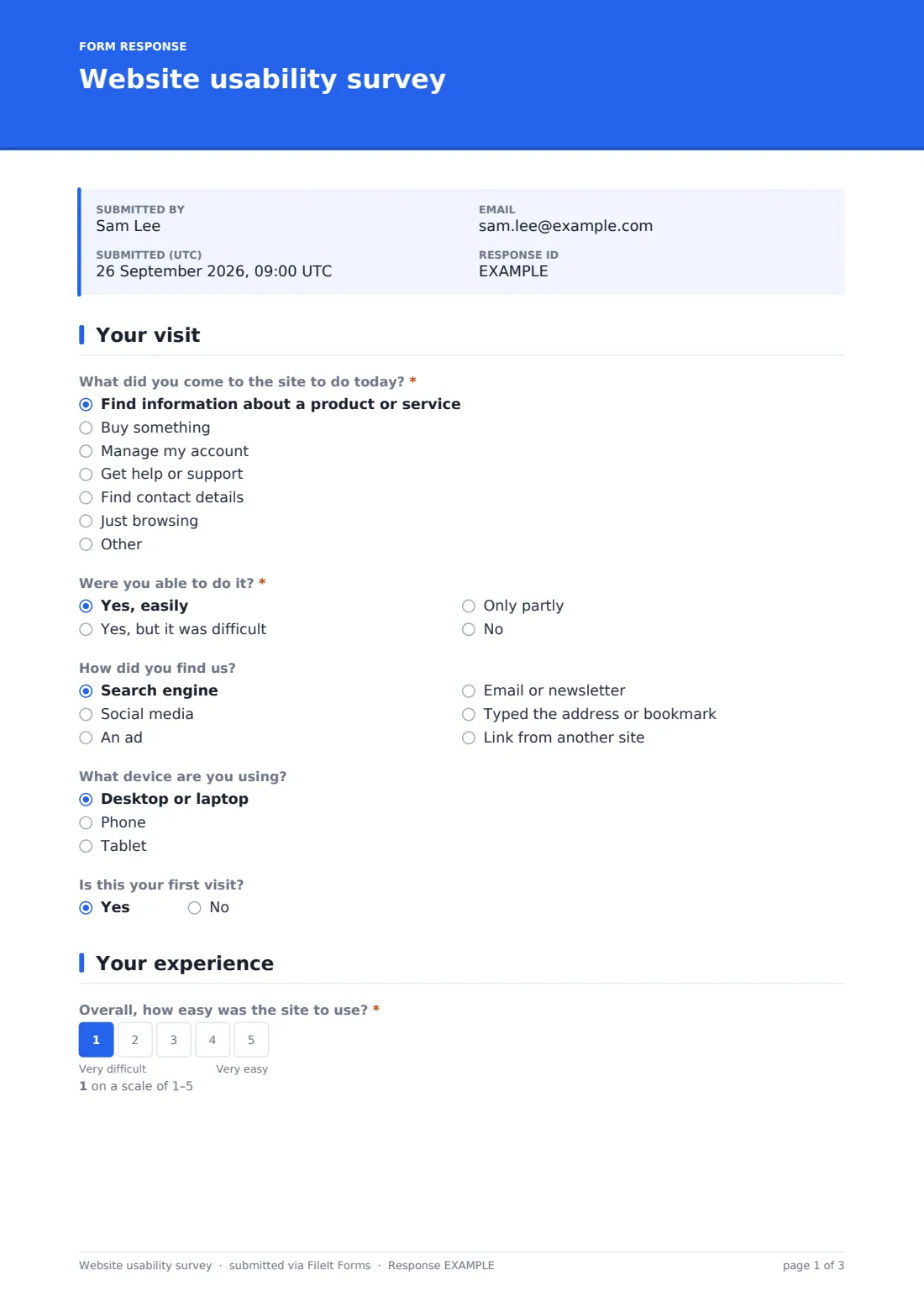 Website usability survey — example response PDF, page 1 of 3