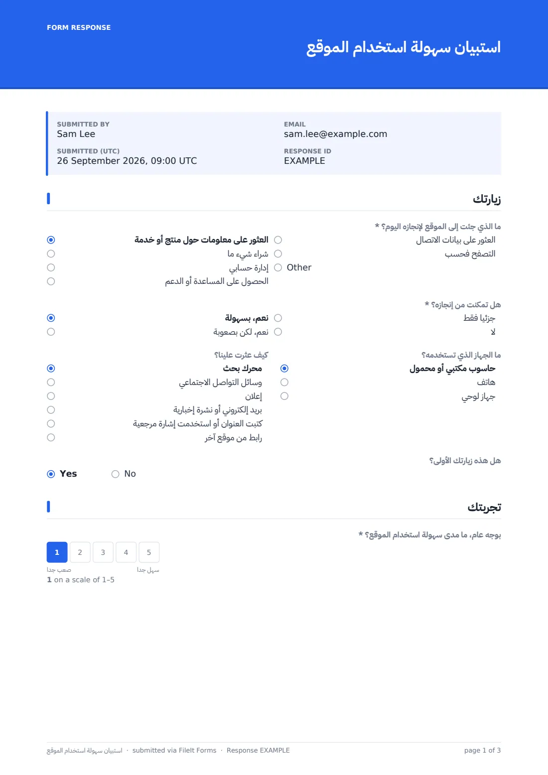 استبيان سهولة استخدام الموقع — ملف PDF لرد نموذجي، الصفحة 1 من 3