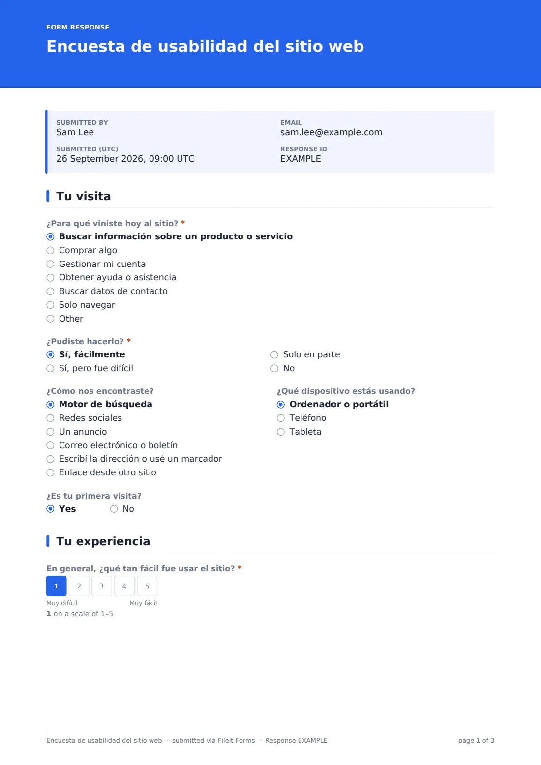 Encuesta de usabilidad del sitio web — PDF de respuesta de ejemplo, página 1 de 3