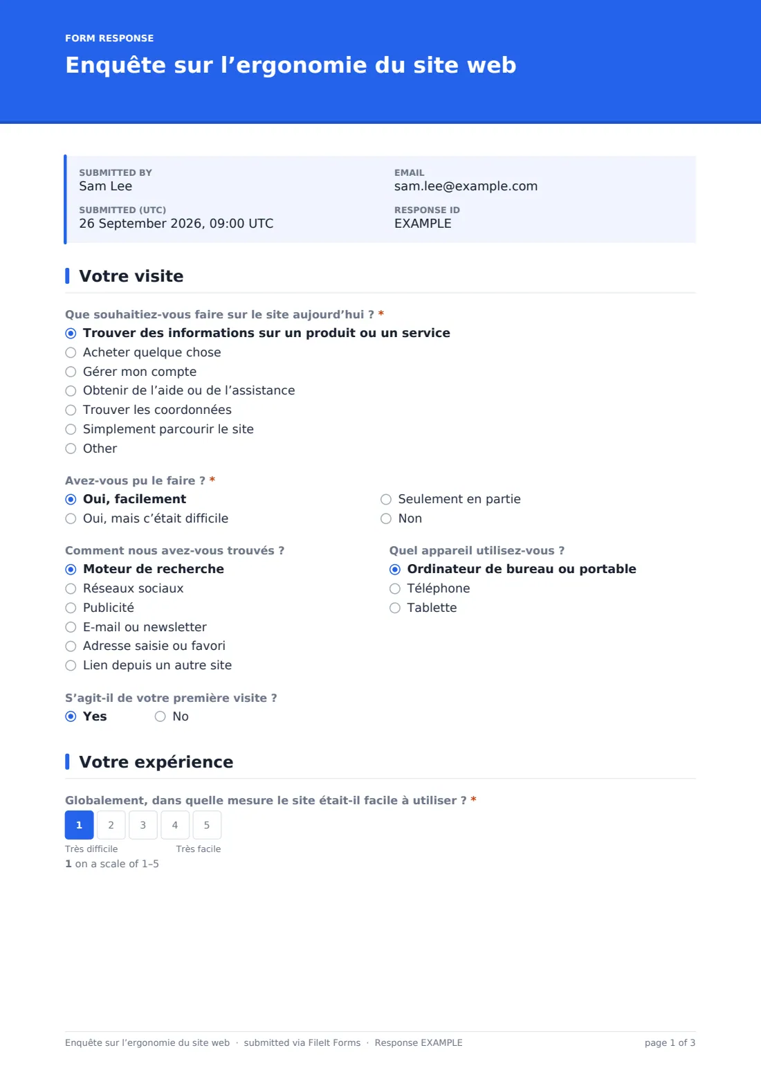 Enquête sur l’ergonomie du site web — exemple de réponse au format PDF, page 1 sur 3