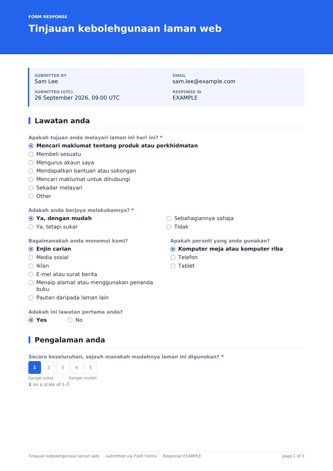 Tinjauan kebolehgunaan laman web — PDF respons contoh, halaman 1 daripada 3