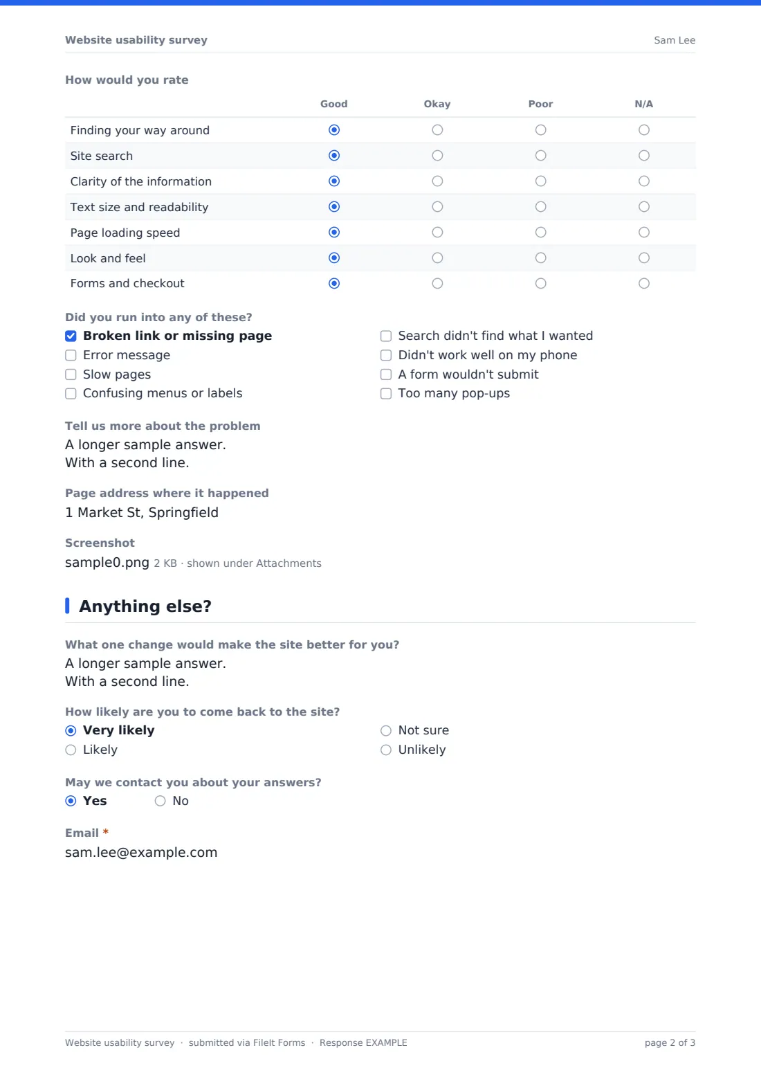 Website usability survey — example response PDF, page 2 of 3