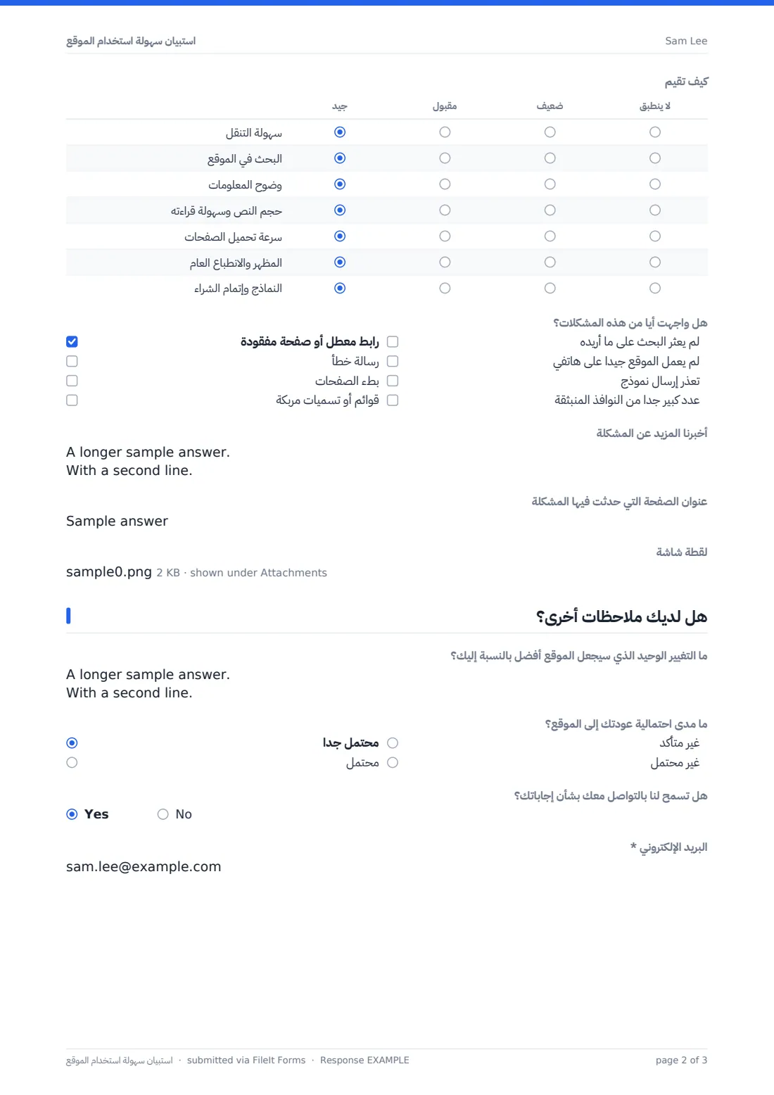 استبيان سهولة استخدام الموقع — ملف PDF لرد نموذجي، الصفحة 2 من 3