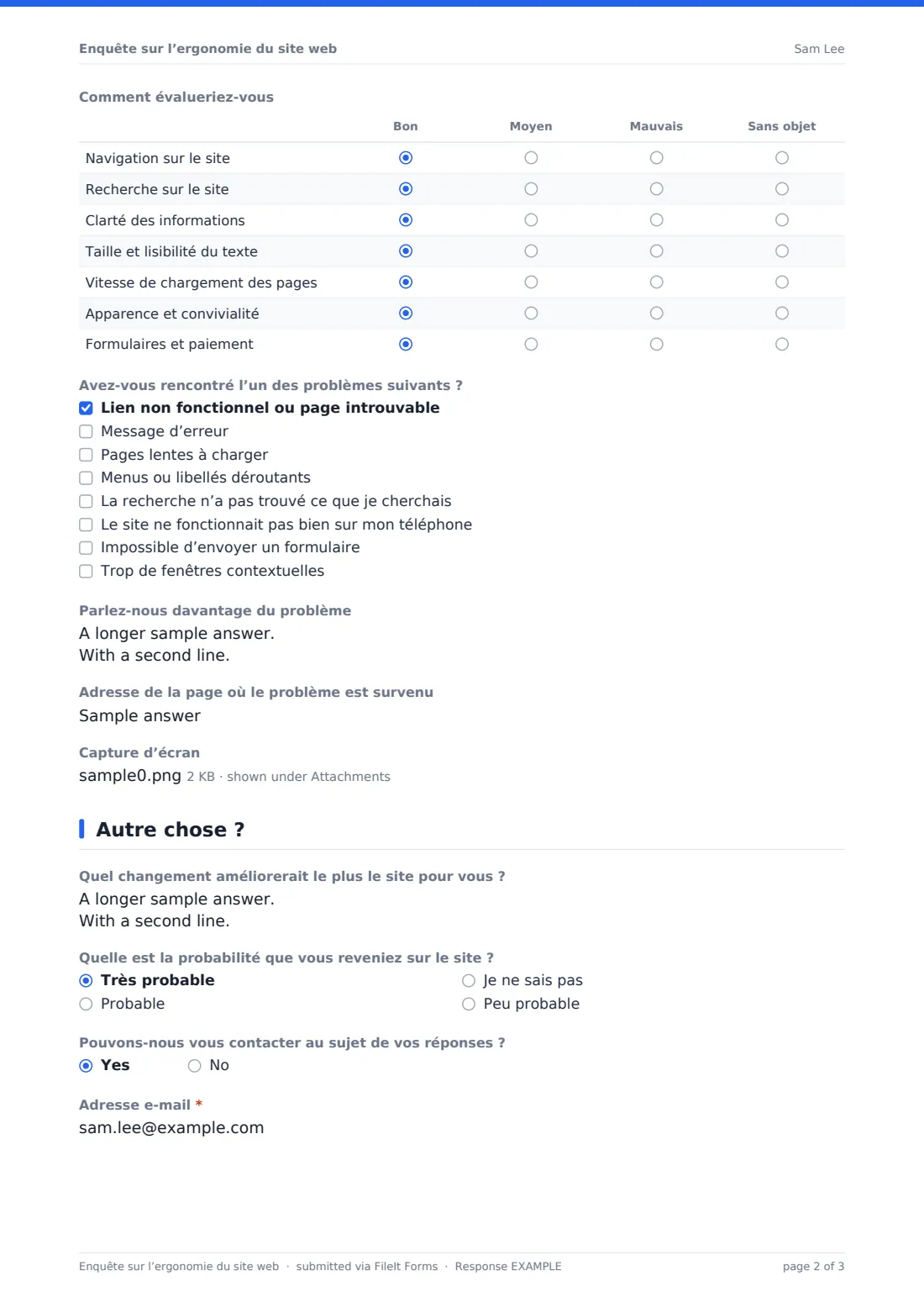 Enquête sur l’ergonomie du site web — exemple de réponse au format PDF, page 2 sur 3