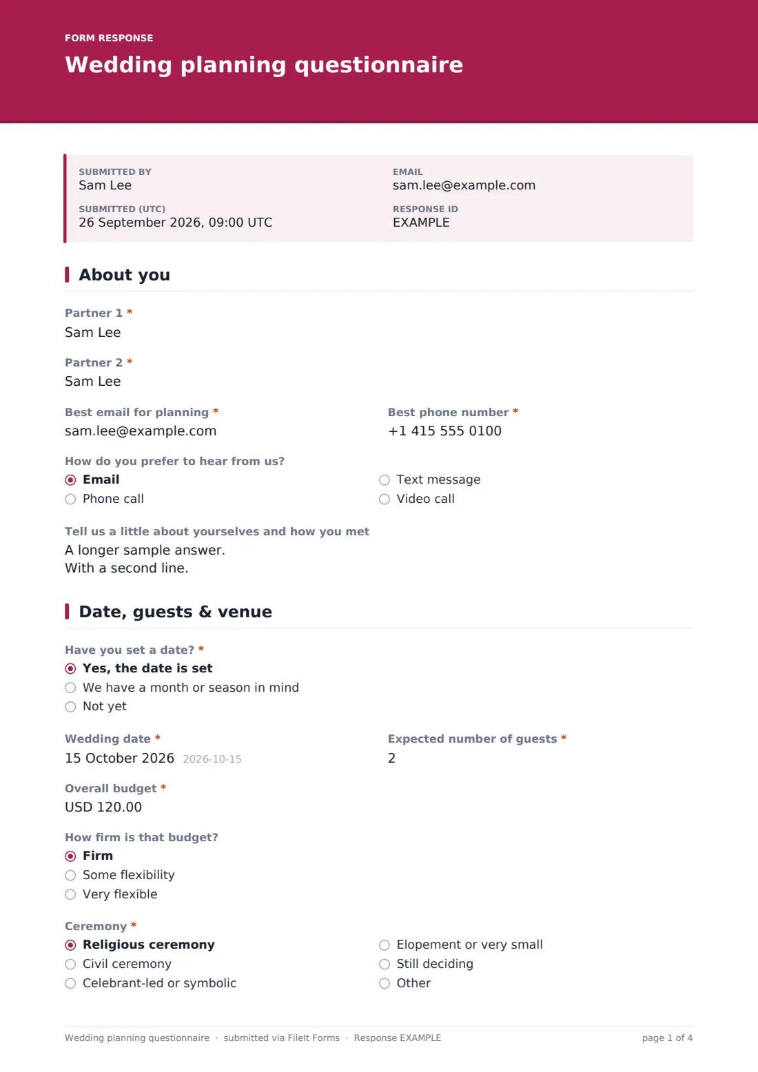 Wedding planning questionnaire — example response PDF, page 1 of 4