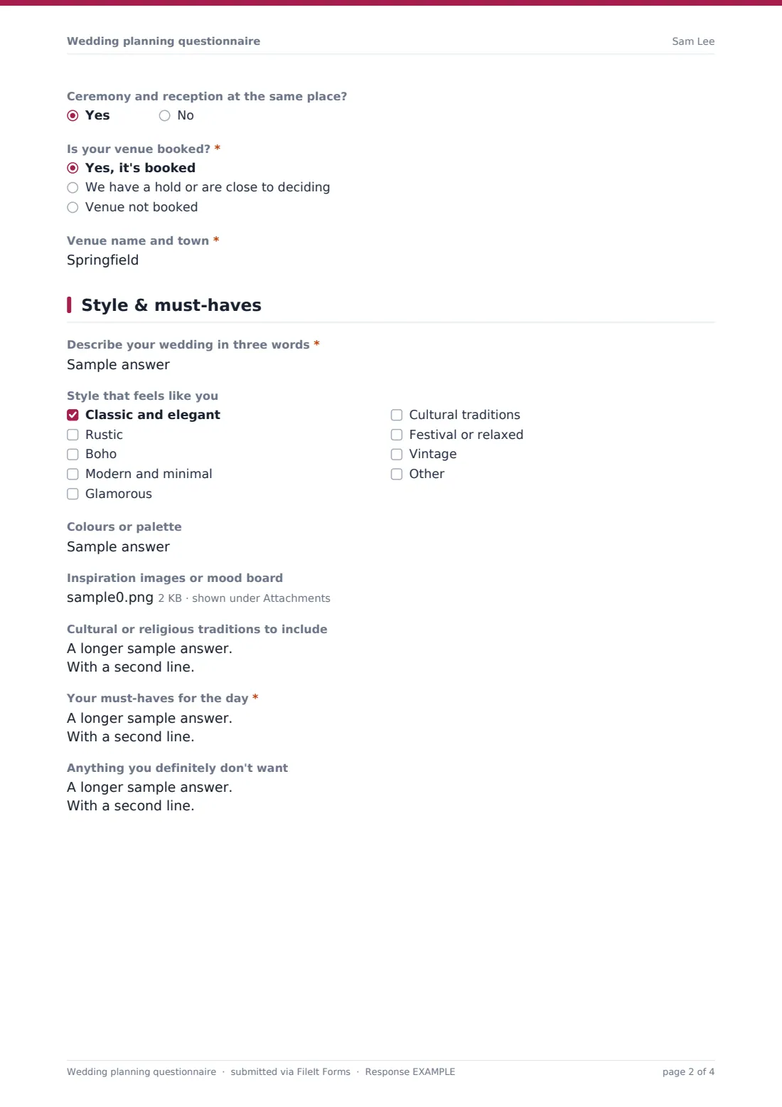 Wedding planning questionnaire — example response PDF, page 2 of 4