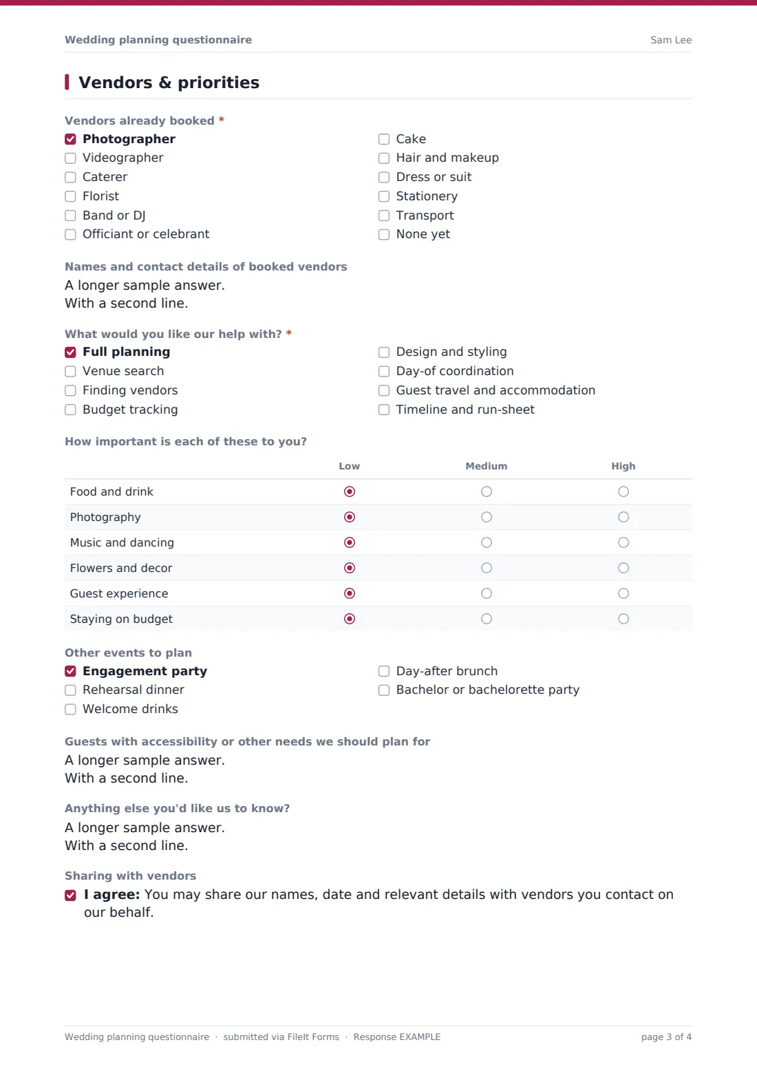 Wedding planning questionnaire — example response PDF, page 3 of 4