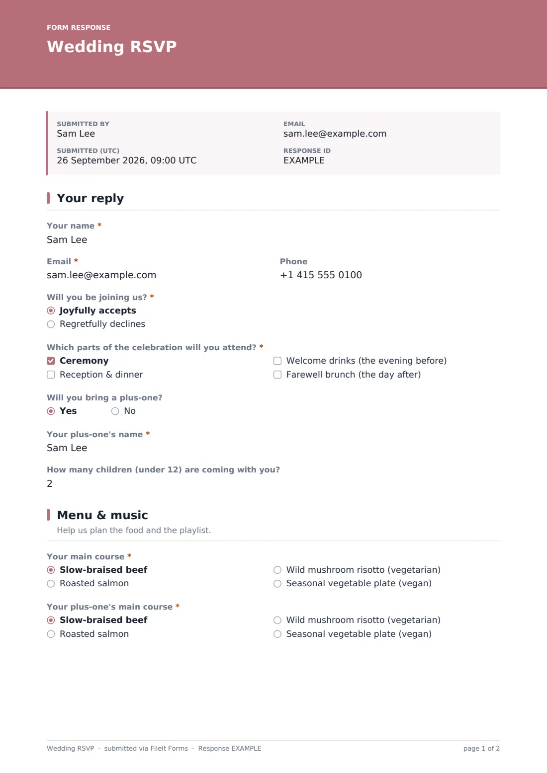 Wedding RSVP — example response PDF, page 1 of 2