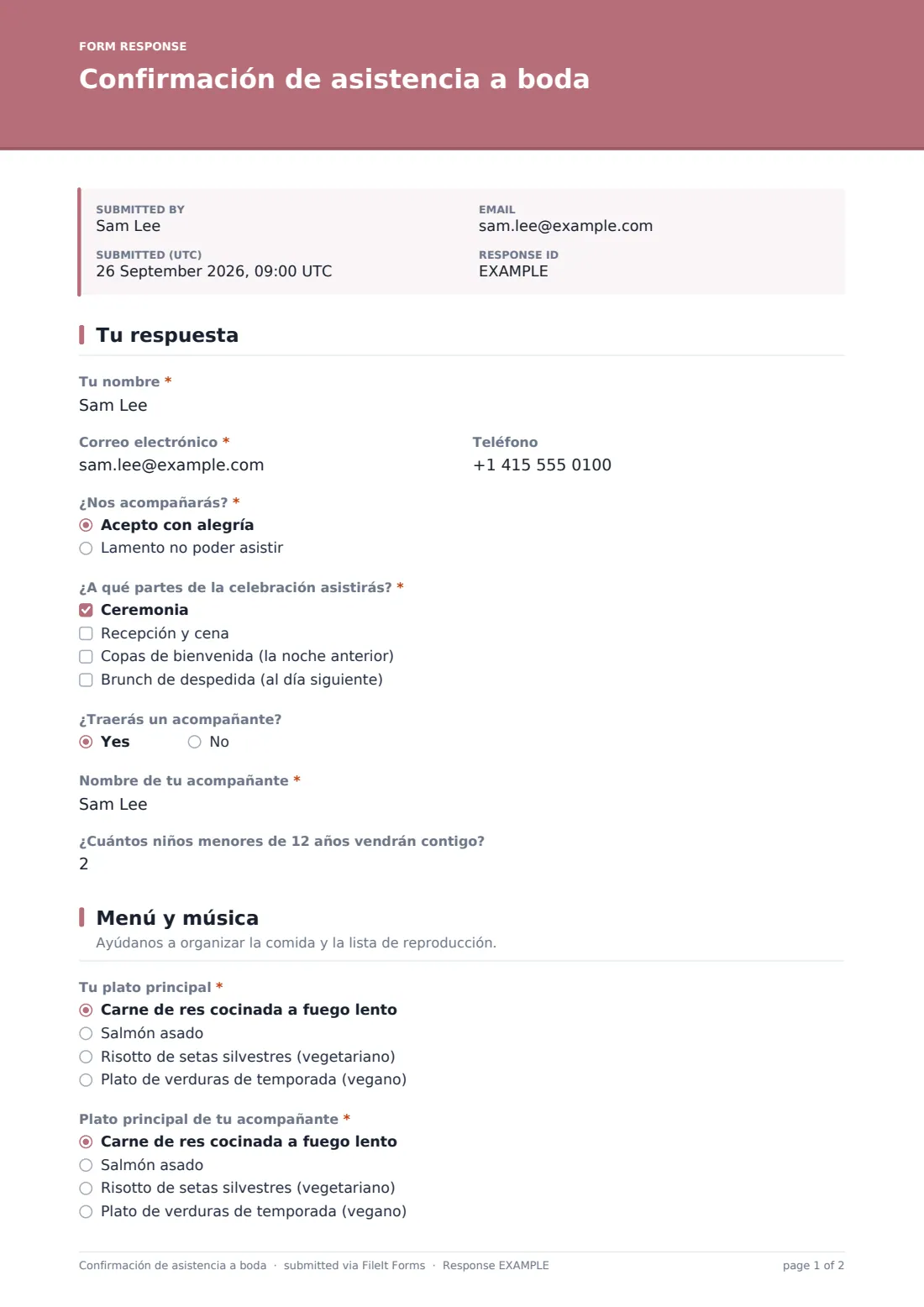 Confirmación de asistencia a boda — PDF de respuesta de ejemplo, página 1 de 2