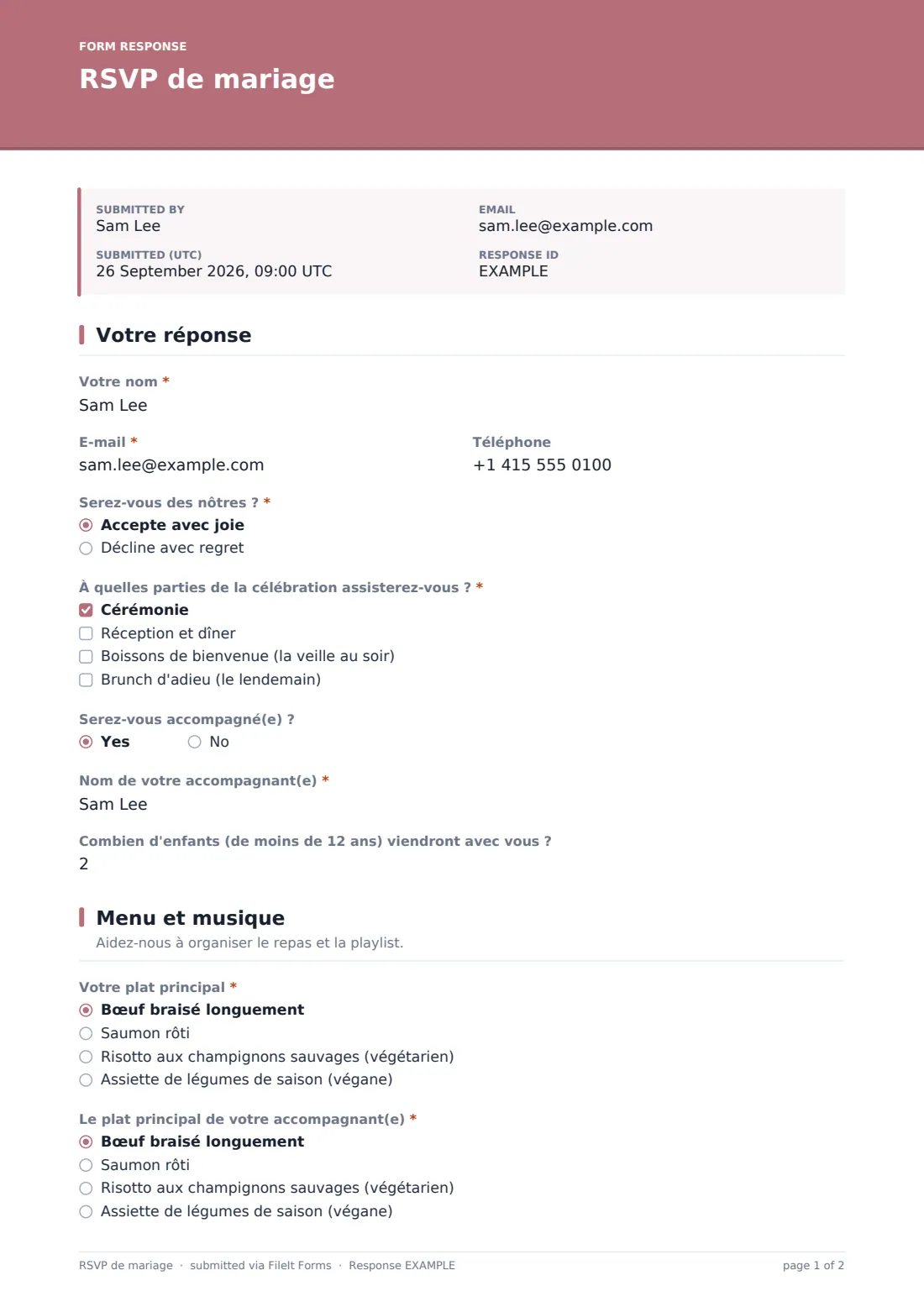 RSVP de mariage — exemple de réponse au format PDF, page 1 sur 2