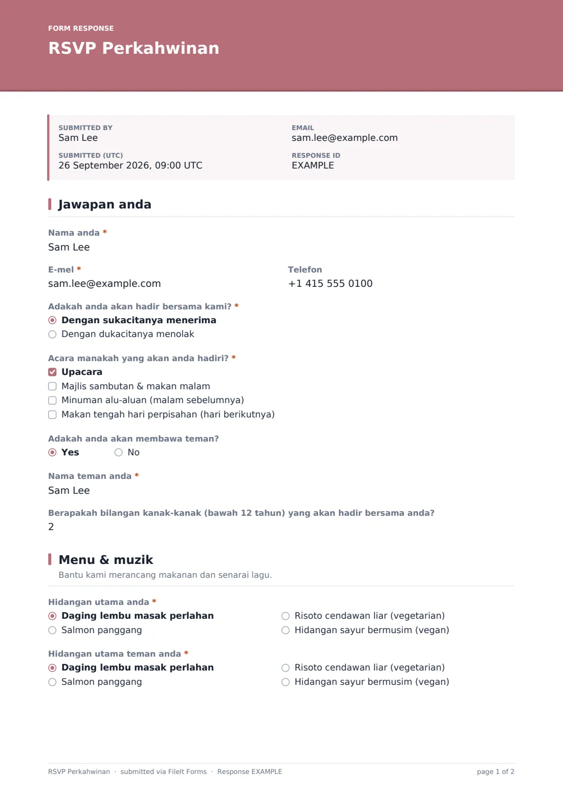 RSVP Perkahwinan — PDF respons contoh, halaman 1 daripada 2