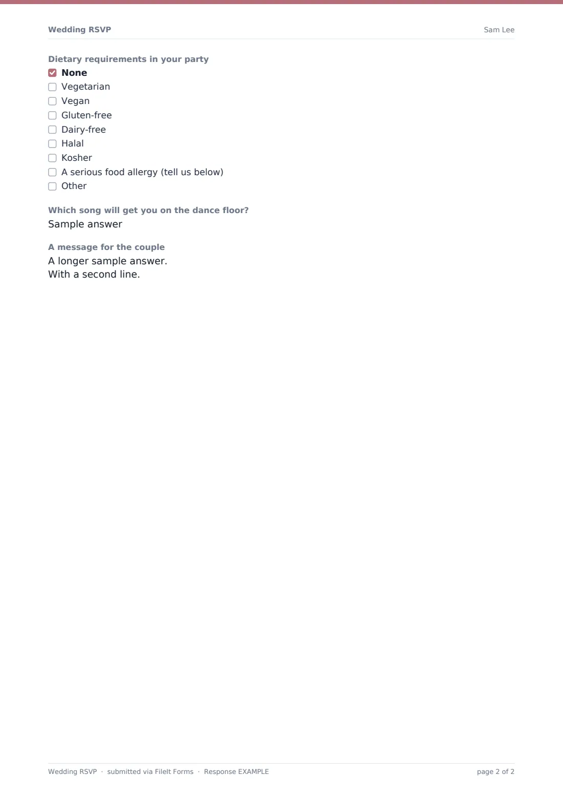 Wedding RSVP — example response PDF, page 2 of 2