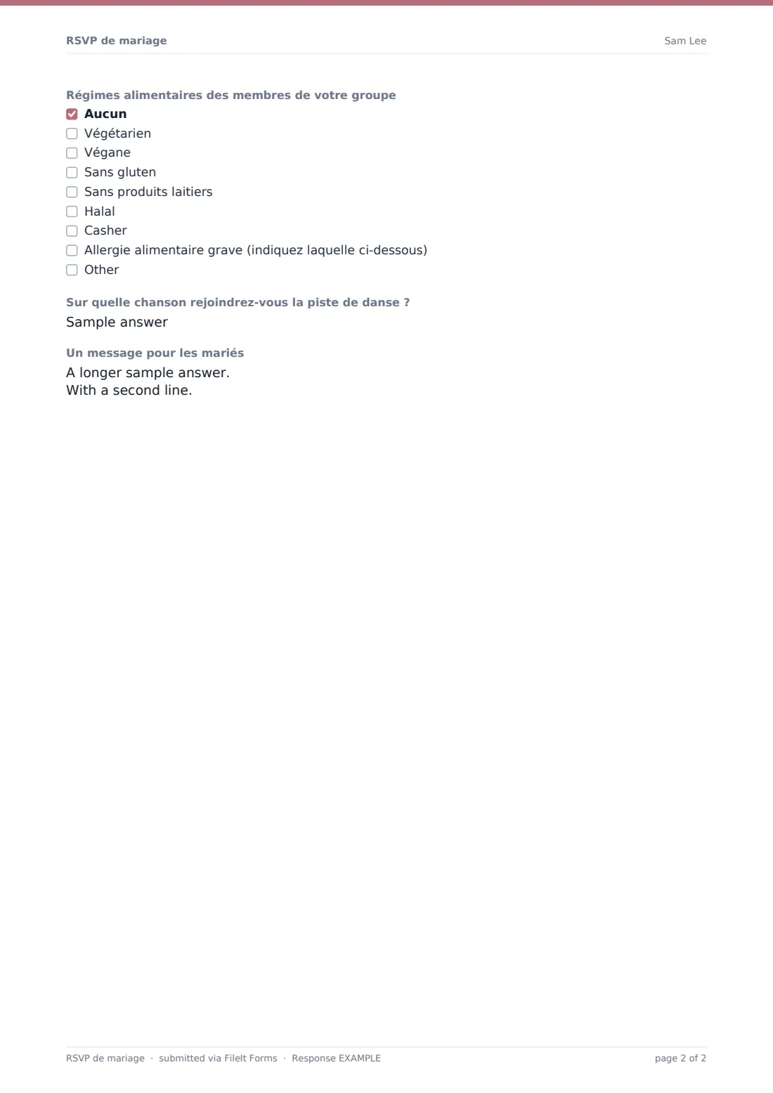 RSVP de mariage — exemple de réponse au format PDF, page 2 sur 2