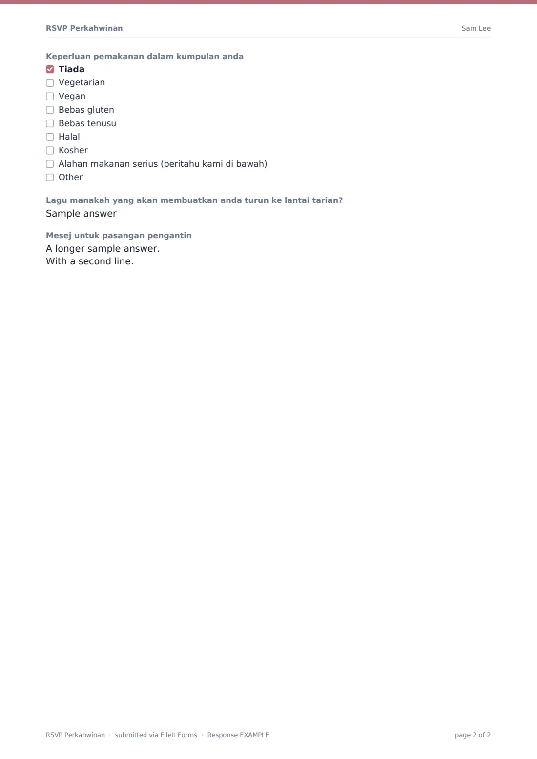 RSVP Perkahwinan — PDF respons contoh, halaman 2 daripada 2