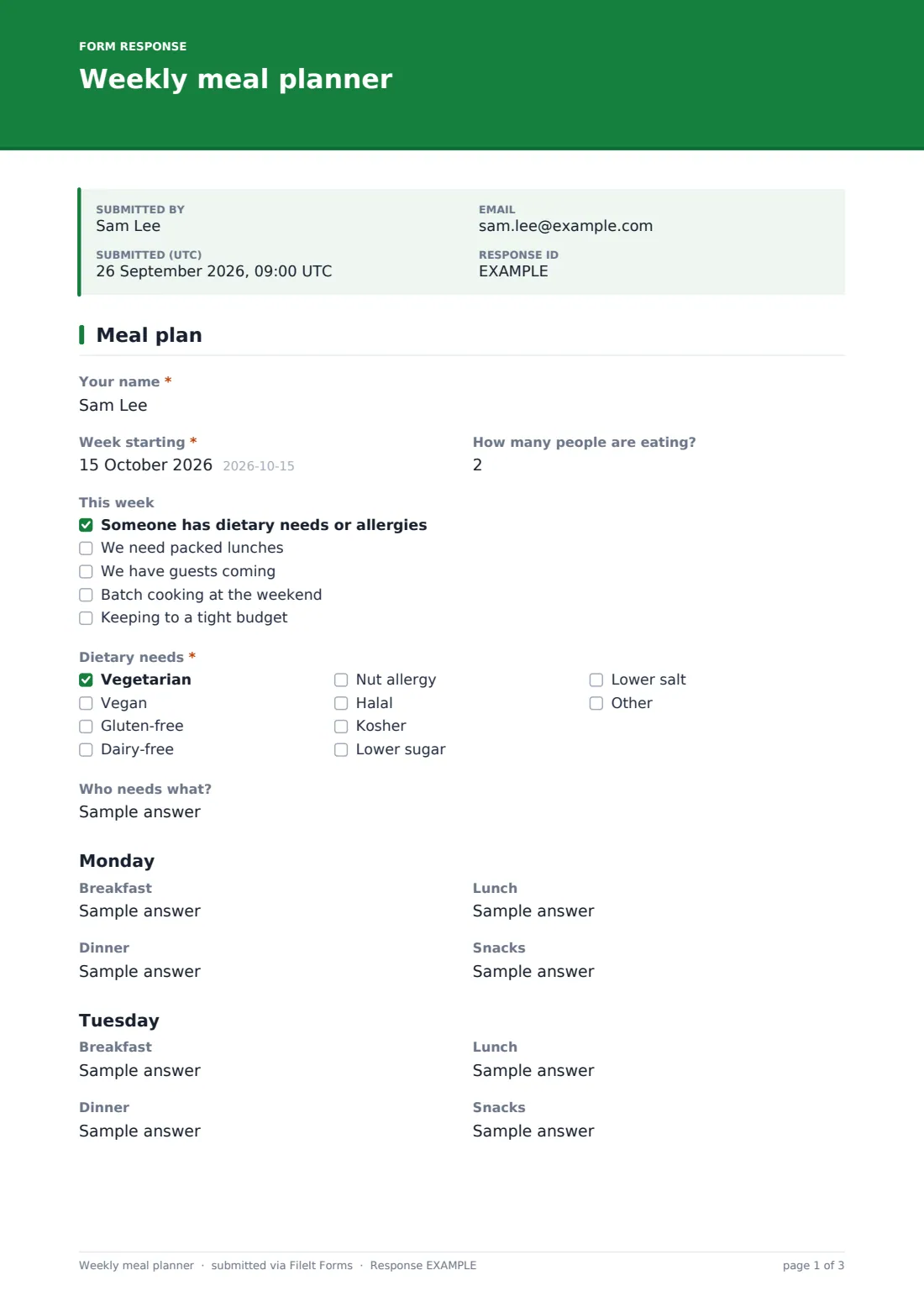 Weekly meal planner — example response PDF, page 1 of 3