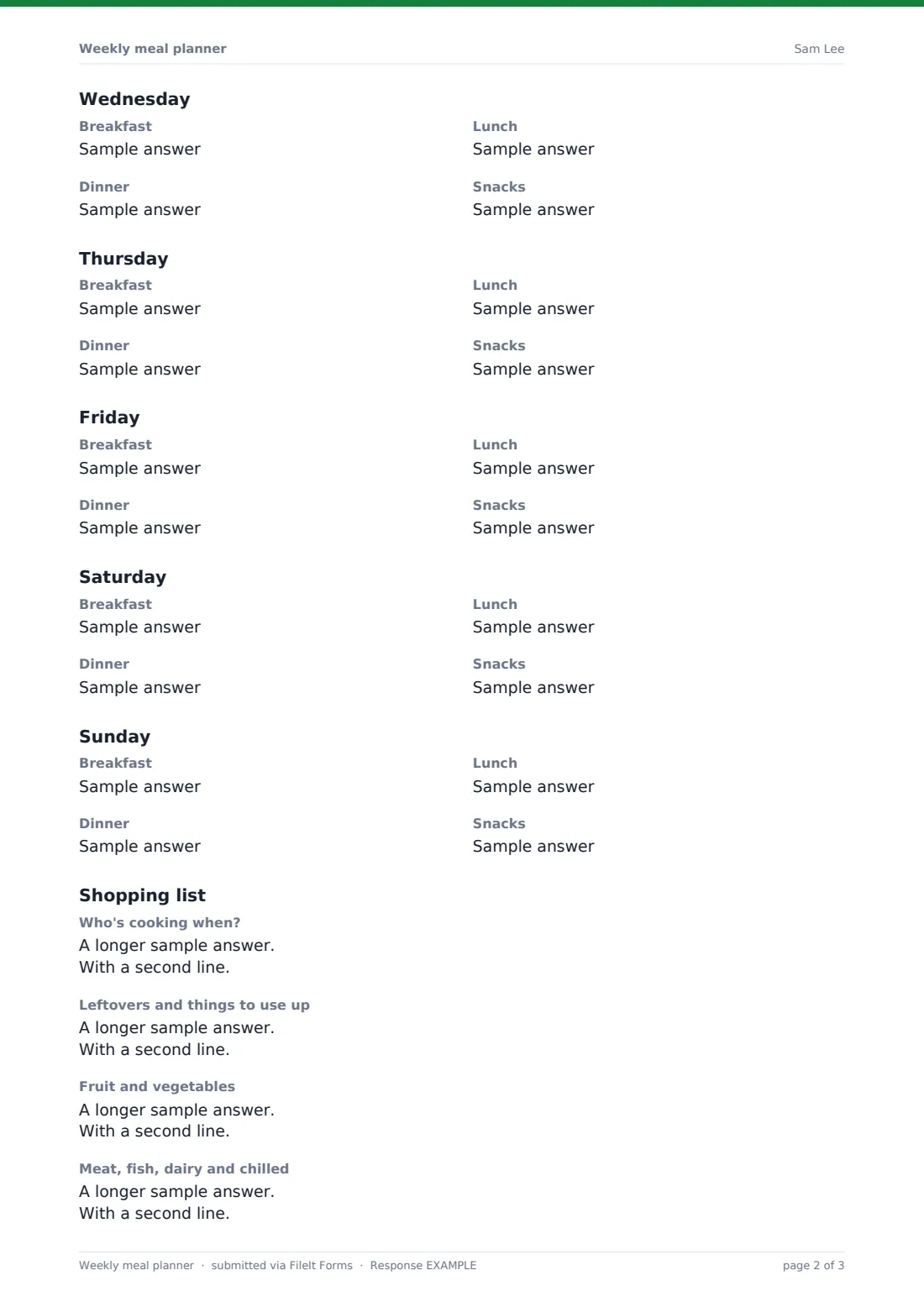 Weekly meal planner — example response PDF, page 2 of 3