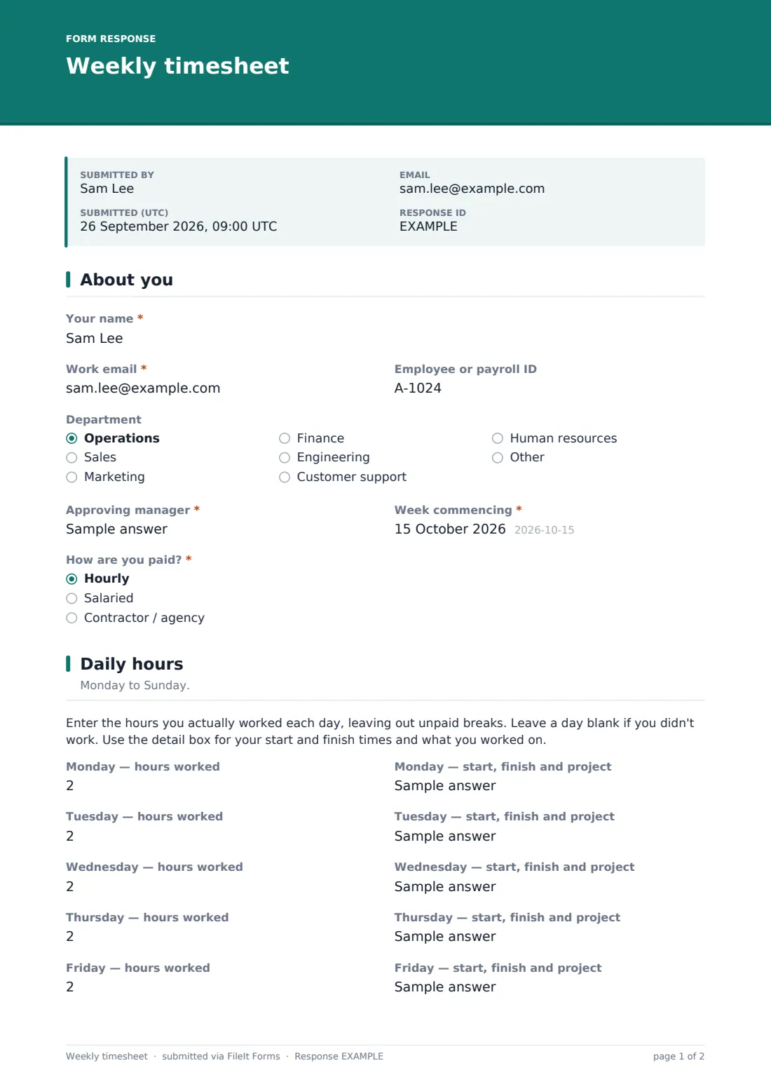 Weekly timesheet — example response PDF, page 1 of 2