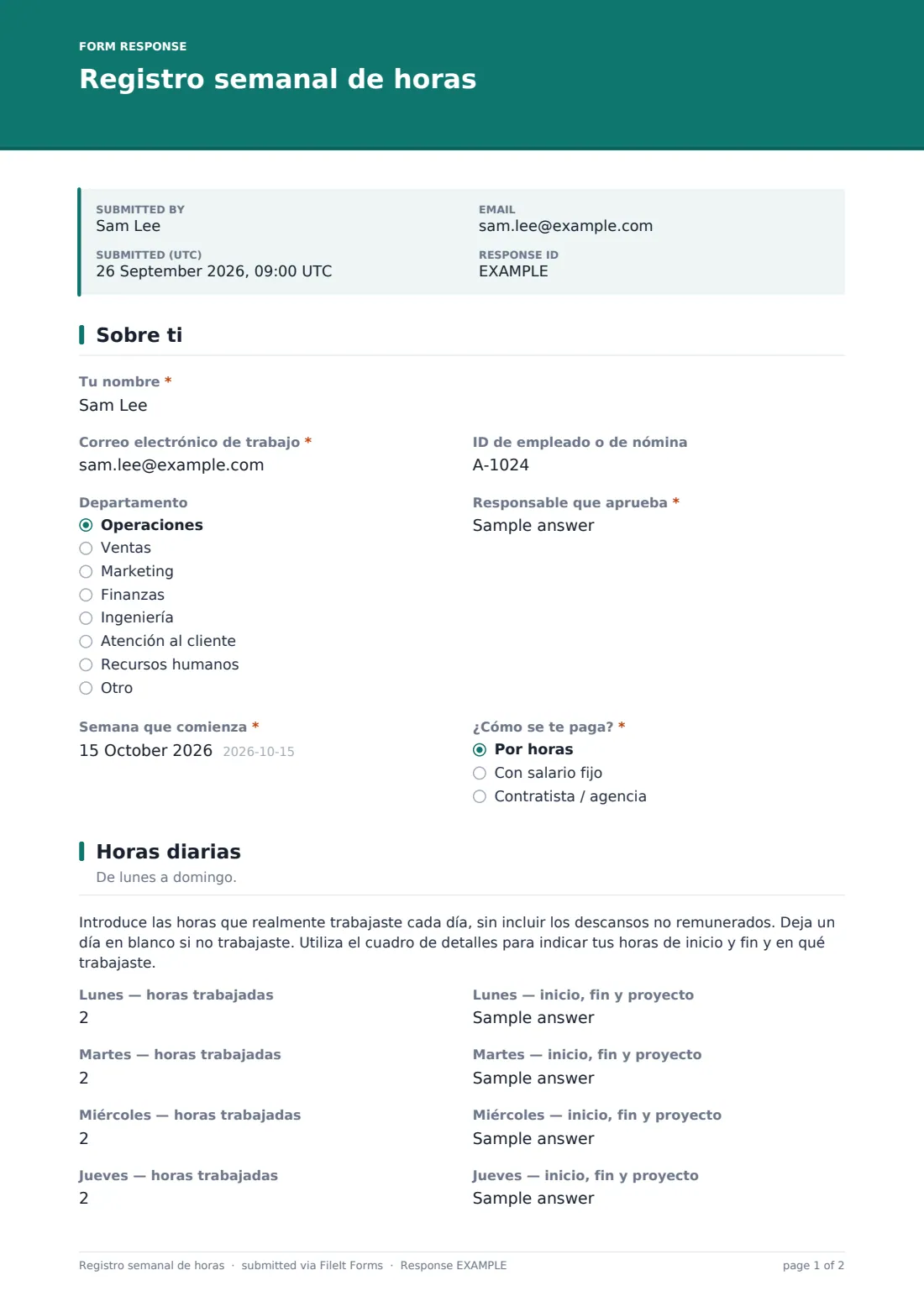 Registro semanal de horas — PDF de respuesta de ejemplo, página 1 de 2