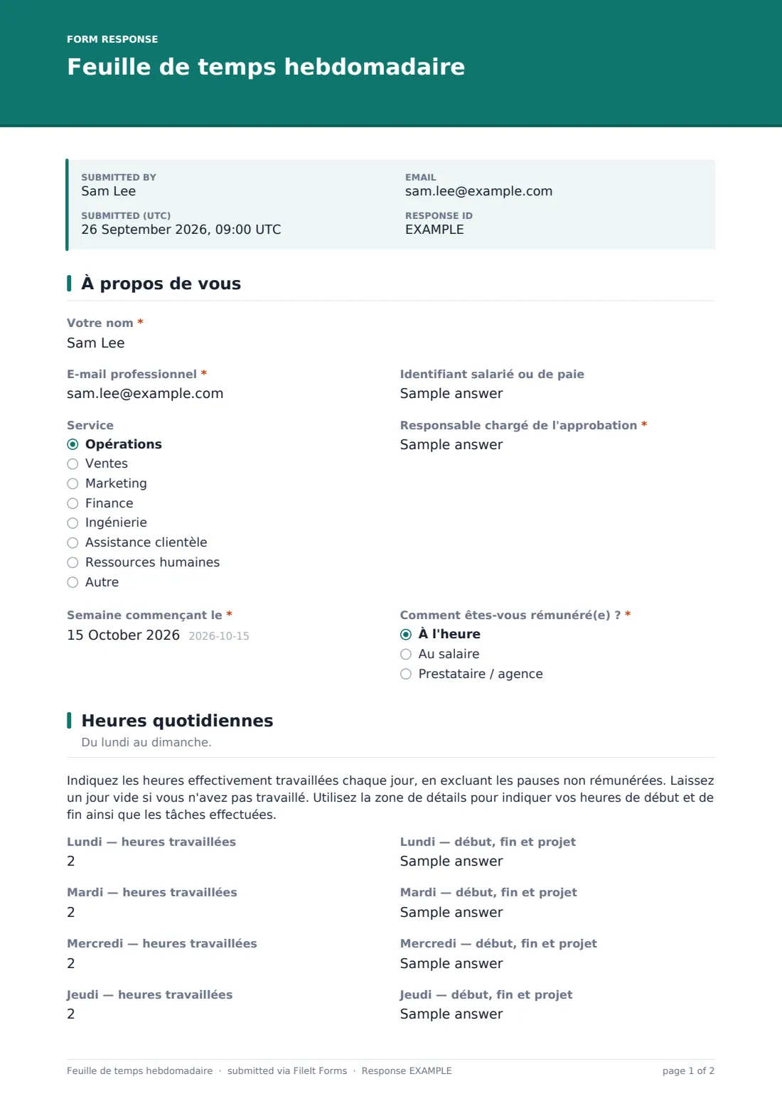 Feuille de temps hebdomadaire — exemple de réponse au format PDF, page 1 sur 2