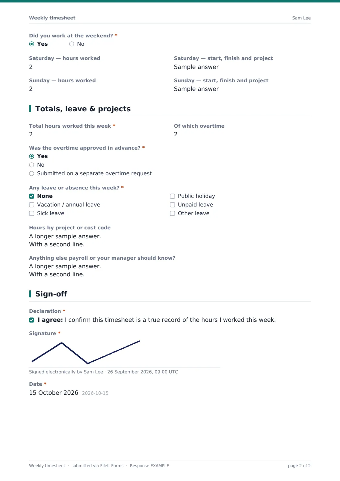 Weekly timesheet — example response PDF, page 2 of 2