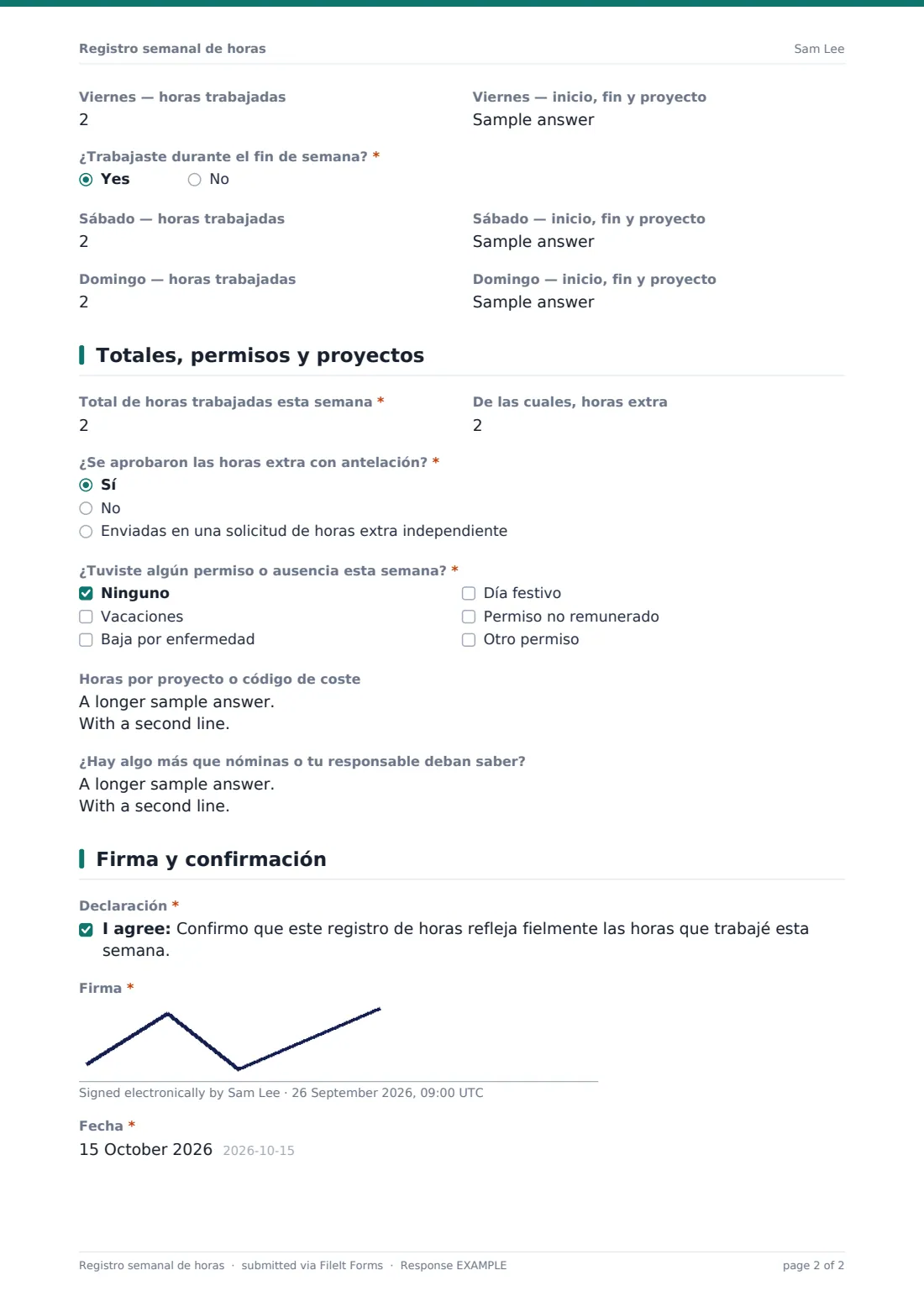 Registro semanal de horas — PDF de respuesta de ejemplo, página 2 de 2