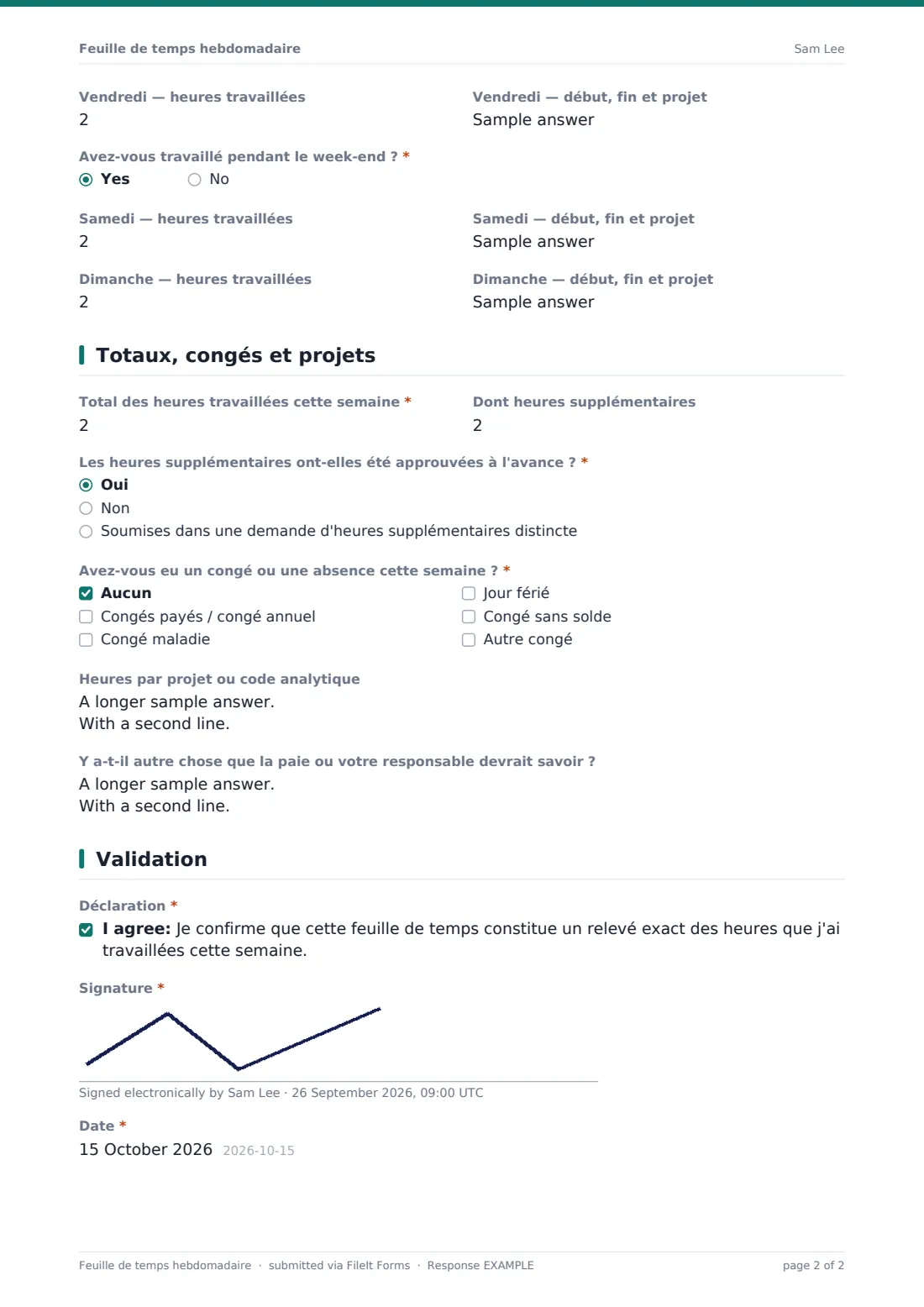 Feuille de temps hebdomadaire — exemple de réponse au format PDF, page 2 sur 2