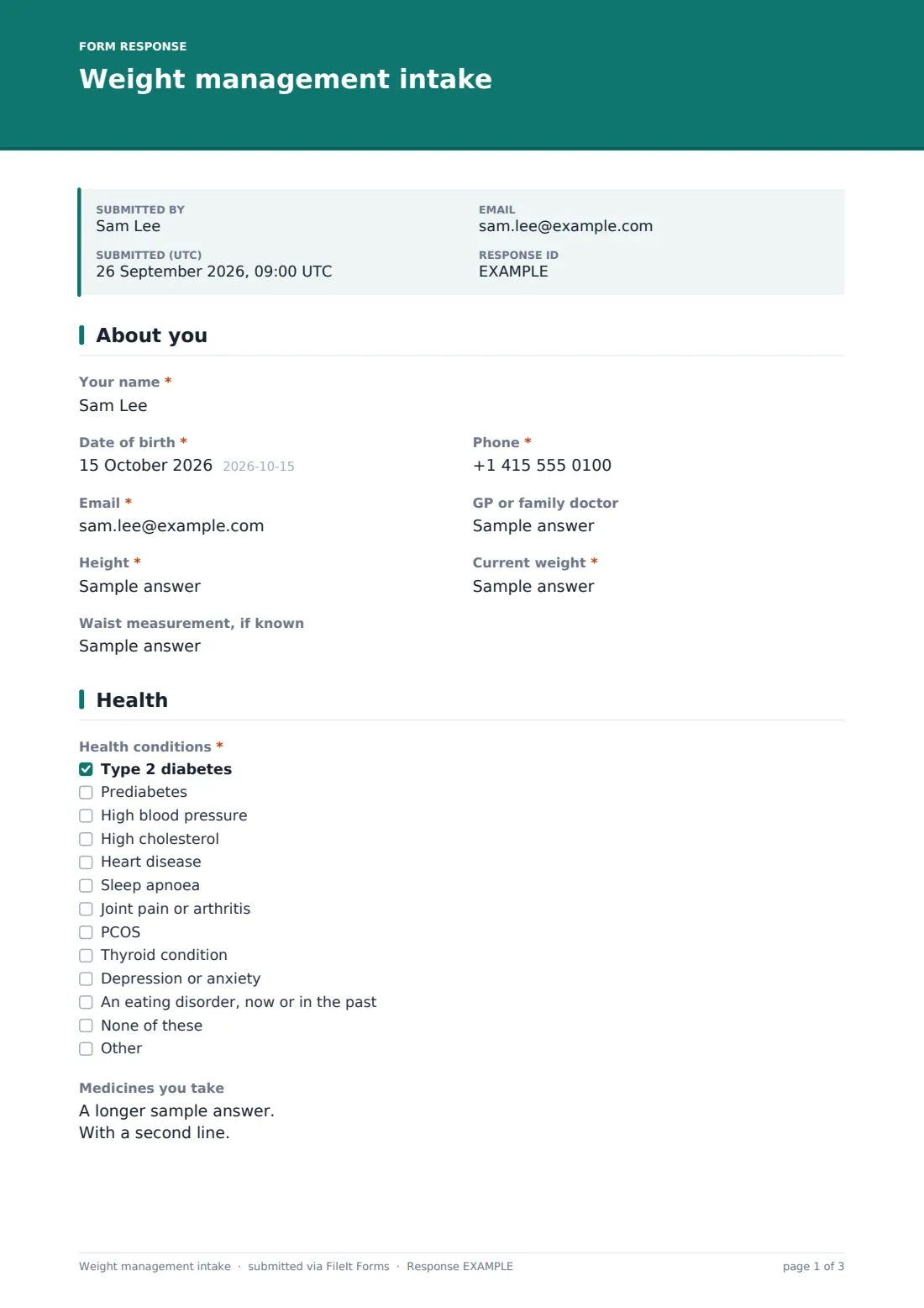Weight management intake — example response PDF, page 1 of 3