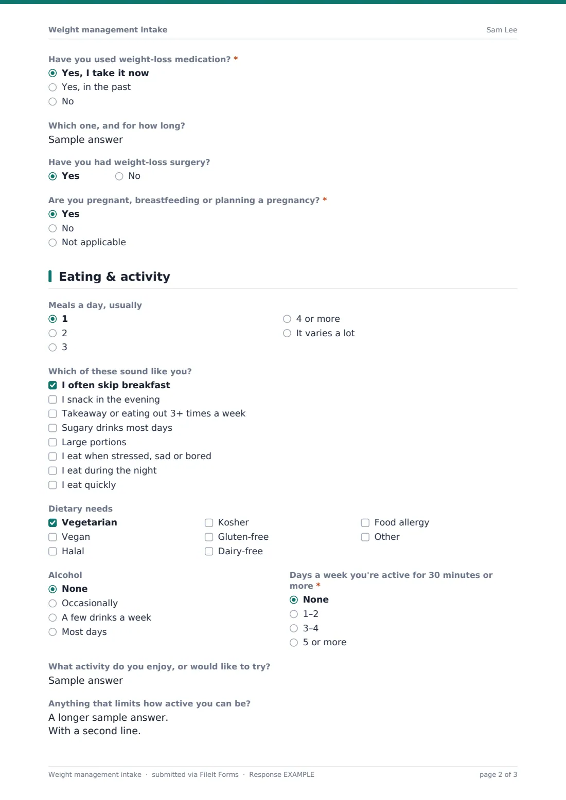 Weight management intake — example response PDF, page 2 of 3