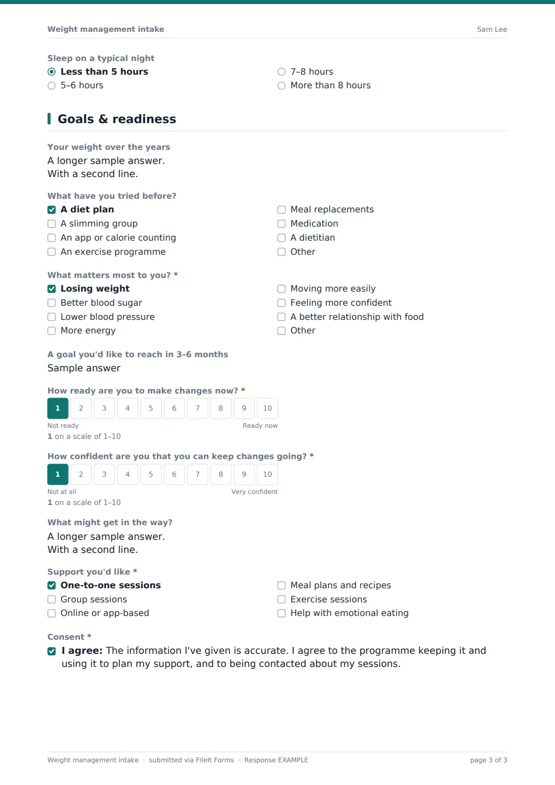Weight management intake — example response PDF, page 3 of 3