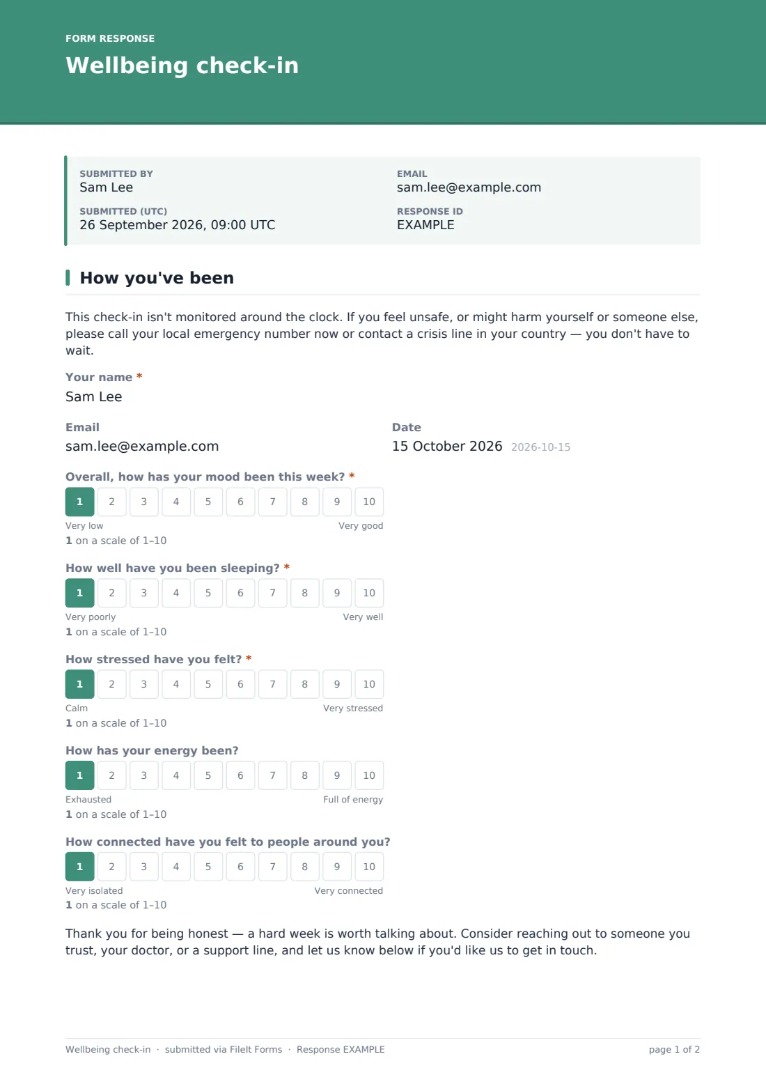 Wellbeing check-in — example response PDF, page 1 of 2