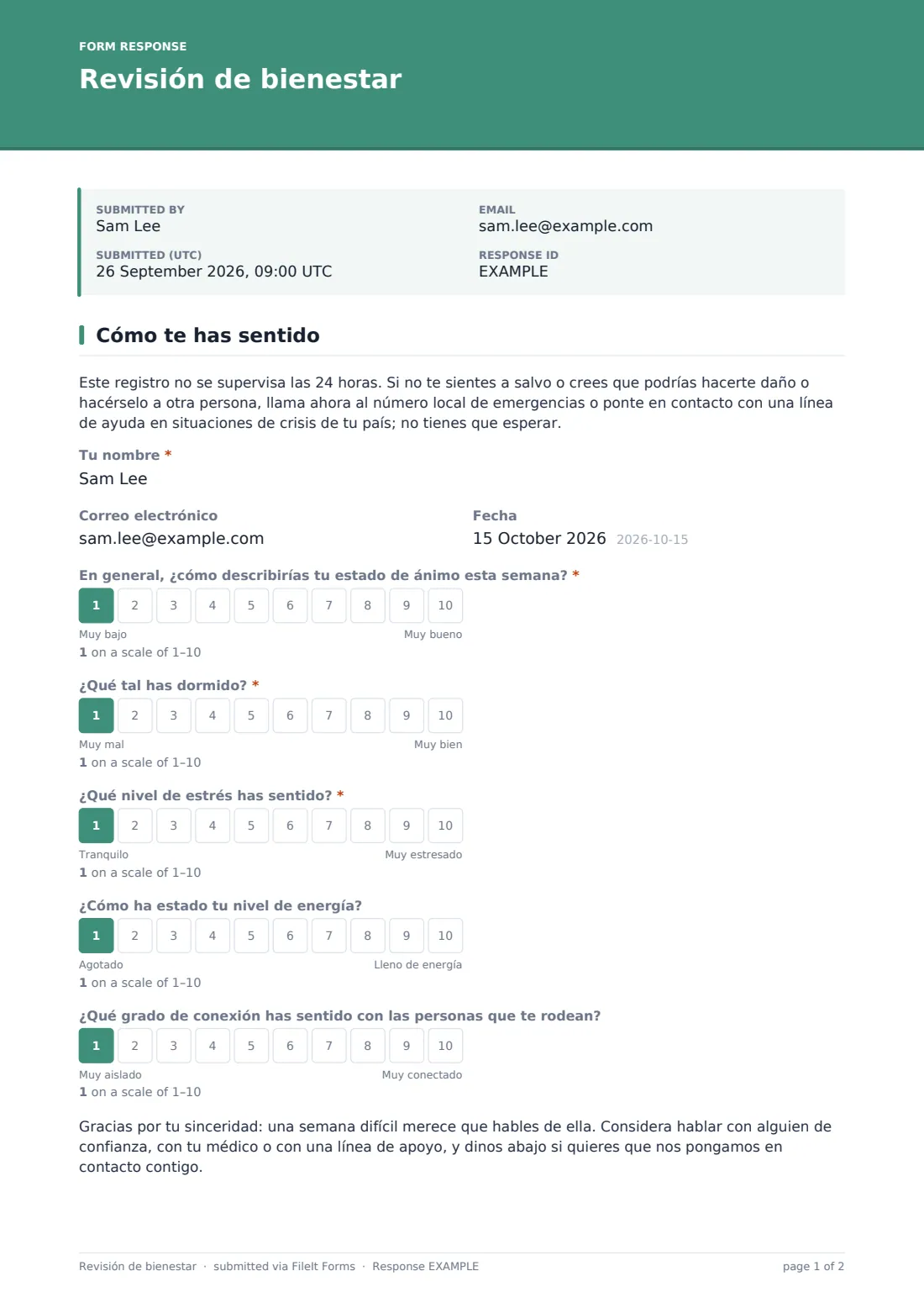 Revisión de bienestar — PDF de respuesta de ejemplo, página 1 de 2