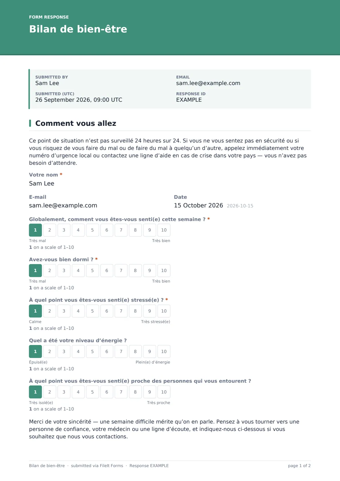 Bilan de bien-être — exemple de réponse au format PDF, page 1 sur 2