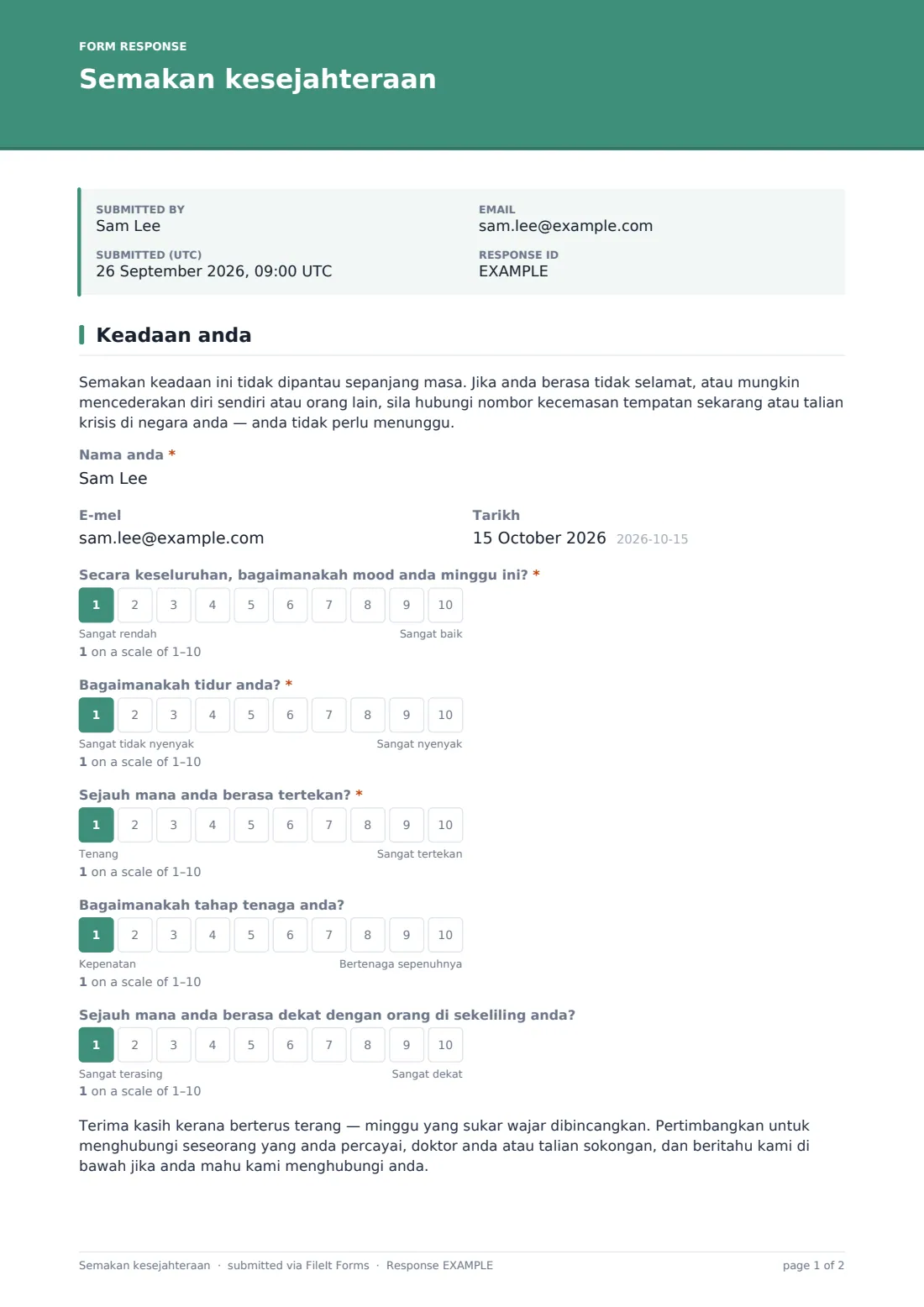 Semakan kesejahteraan — PDF respons contoh, halaman 1 daripada 2