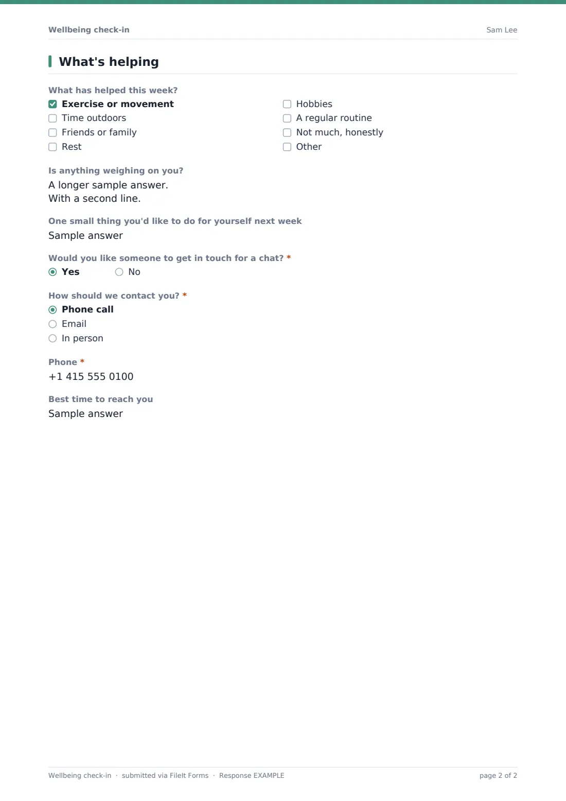 Wellbeing check-in — example response PDF, page 2 of 2