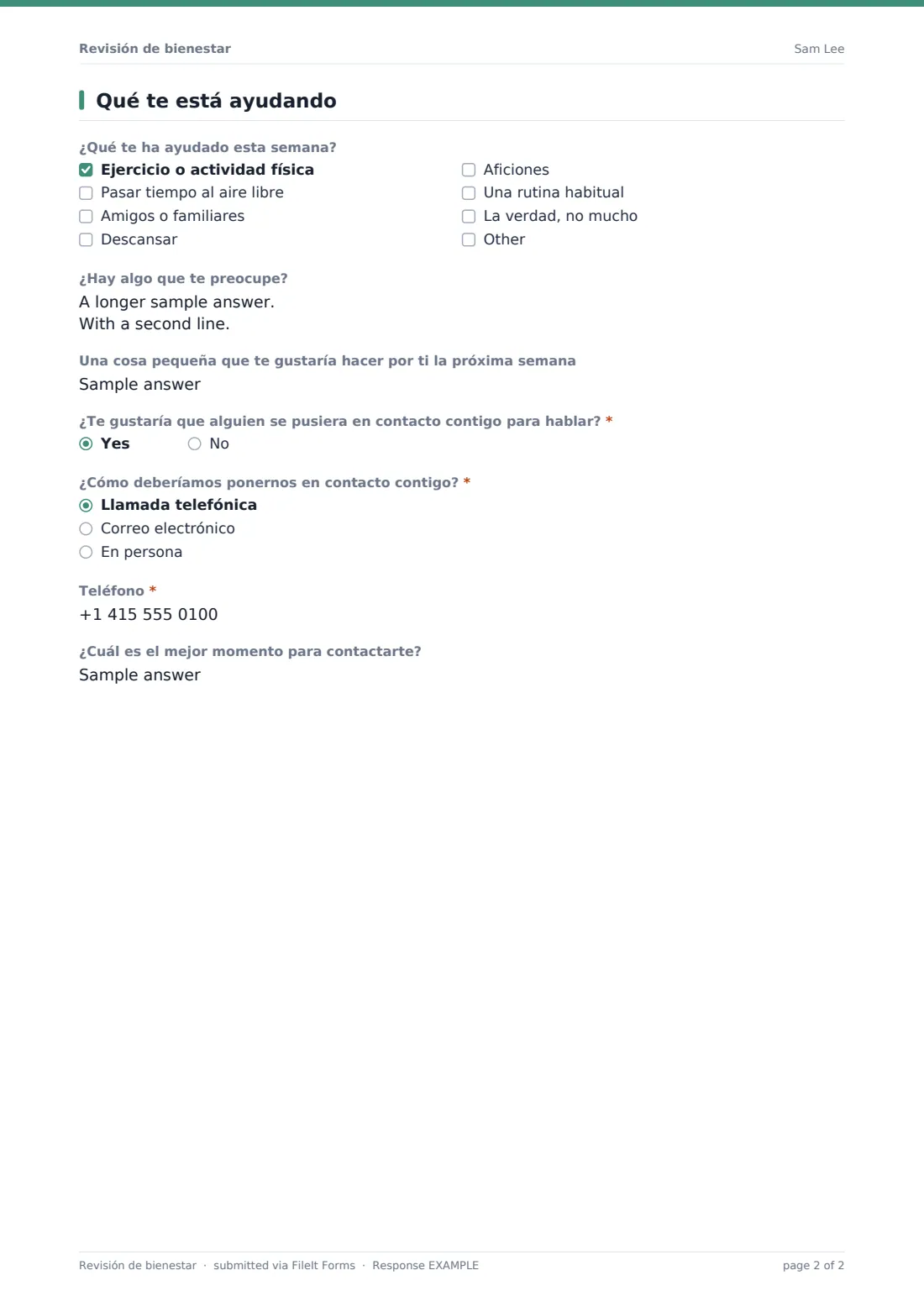 Revisión de bienestar — PDF de respuesta de ejemplo, página 2 de 2
