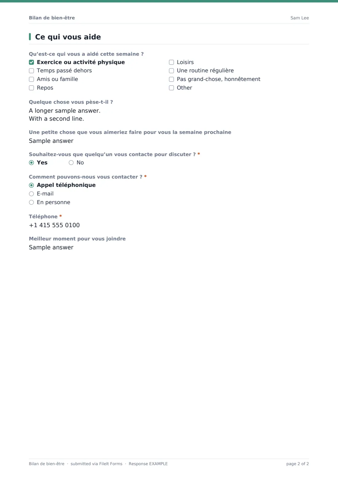 Bilan de bien-être — exemple de réponse au format PDF, page 2 sur 2