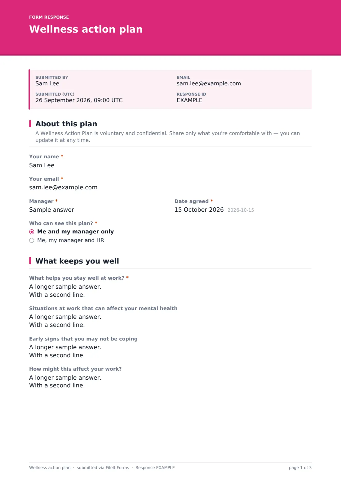 Wellness action plan — example response PDF, page 1 of 3