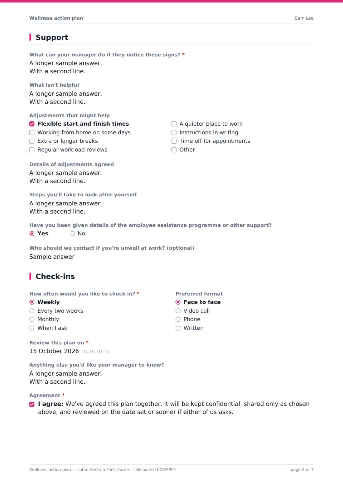 Wellness action plan — example response PDF, page 2 of 3